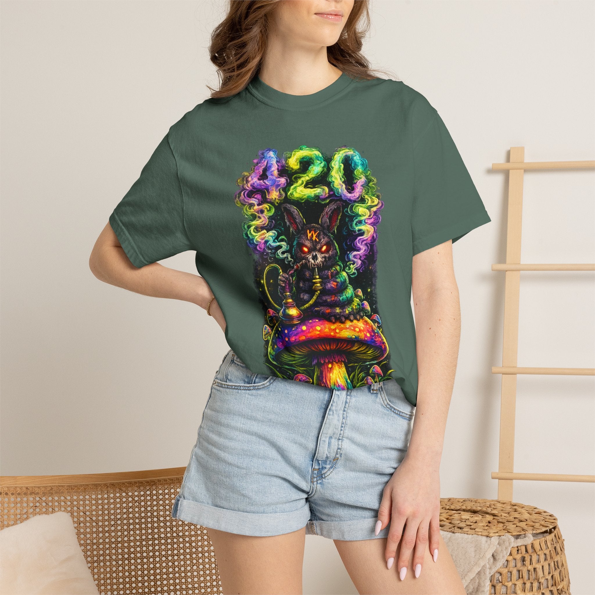 420 Psychedelic Cat T-Shirt — Colorful Mushroom Smoke Graphic