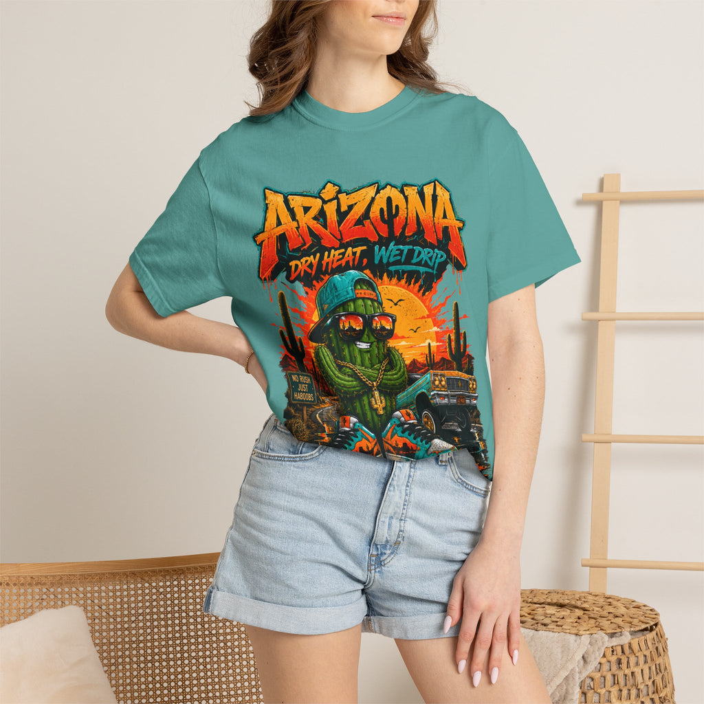 Arizona Desert Graphic T-Shirt — 'Arizona Dry Heat Wet Drop' Retro Cactus Sunset Tee
