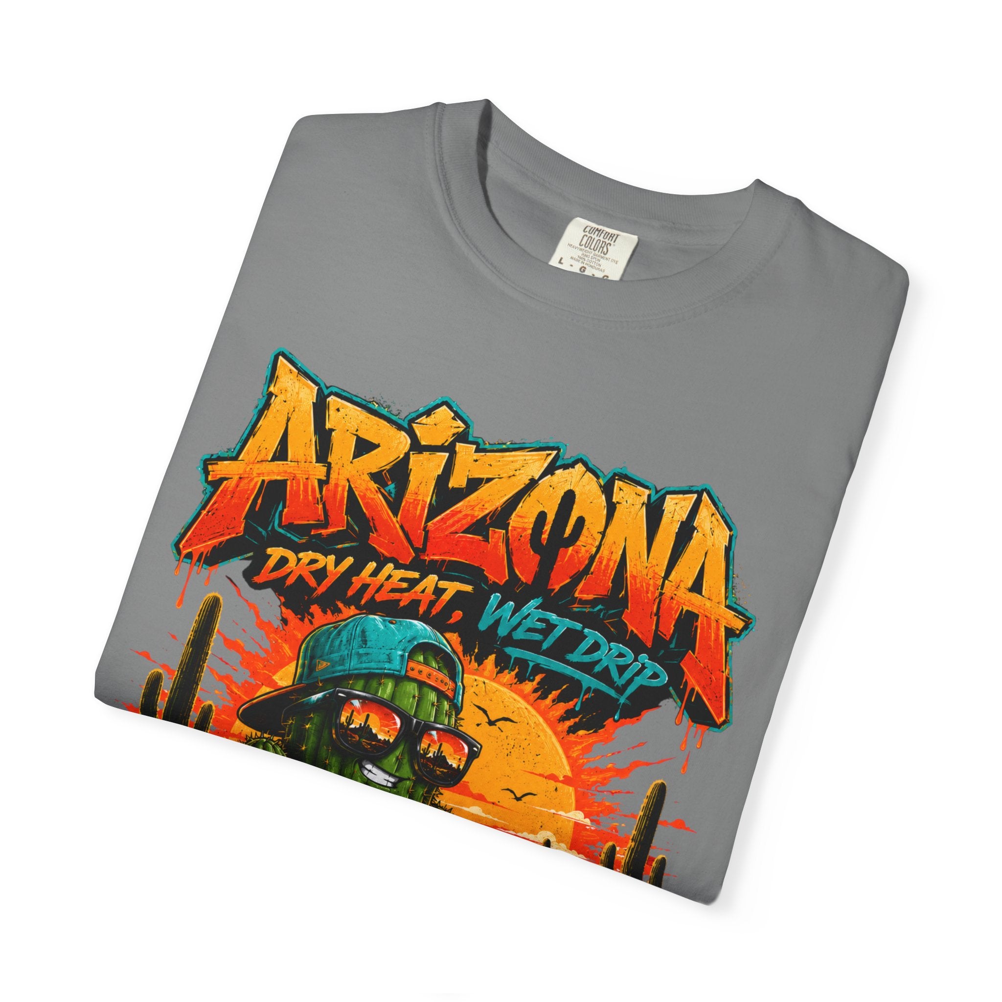 Arizona Desert Graphic T-Shirt — 'Arizona Dry Heat Wet Drop' Retro Cactus Sunset Tee