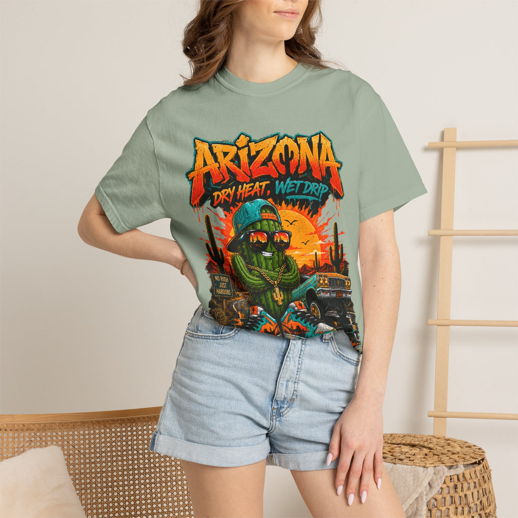 Arizona Desert Graphic T-Shirt — 'Arizona Dry Heat Wet Drop' Retro Cactus Sunset Tee