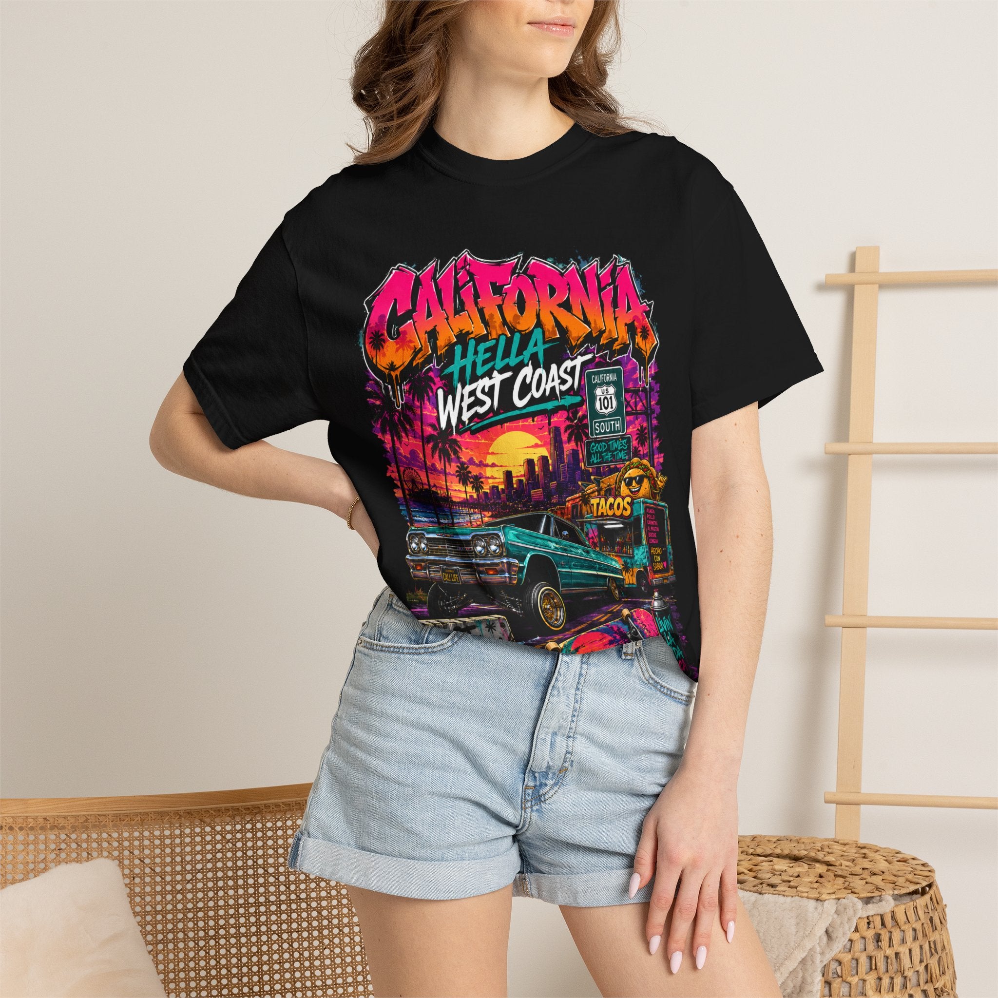 California West Coast Graphic T-Shirt — "California Hella" Vintage Sunset Car Design