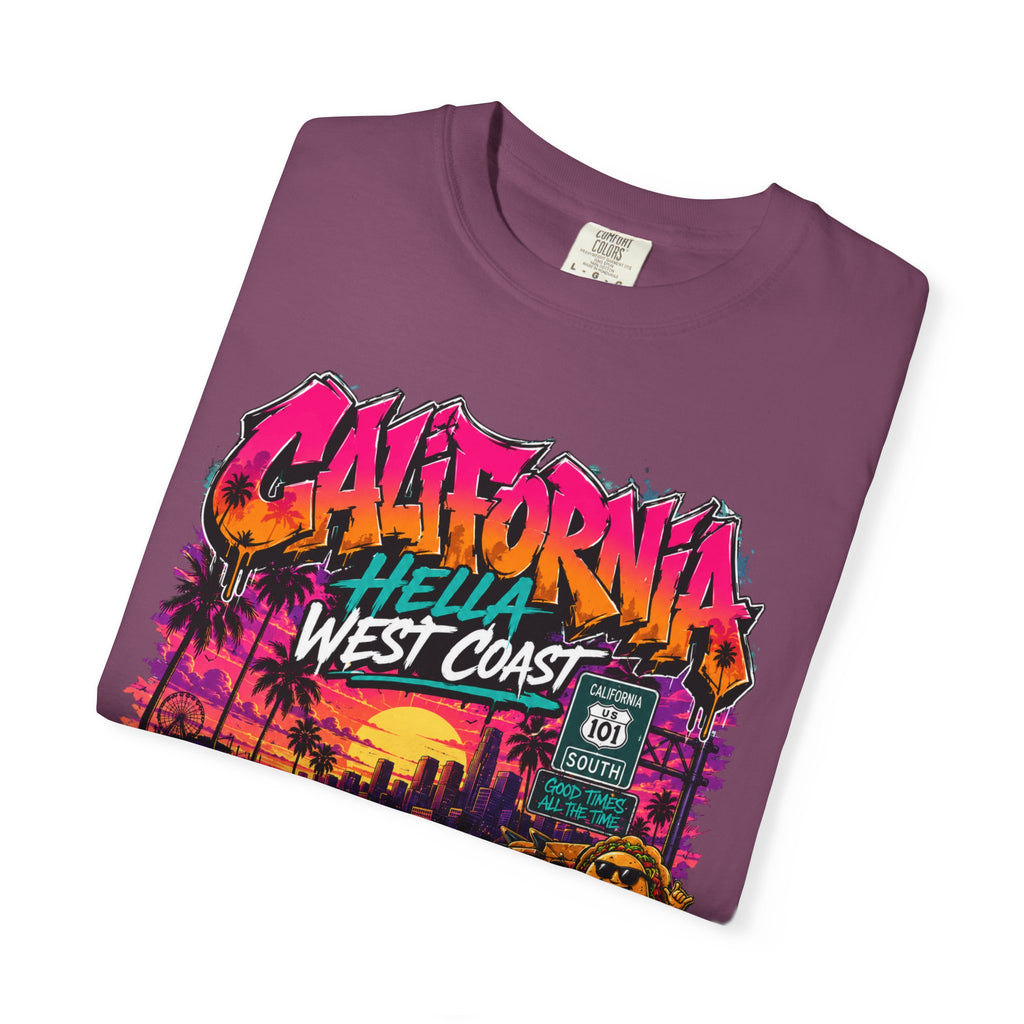 California West Coast Graphic T-Shirt — "California Hella" Vintage Sunset Car Design