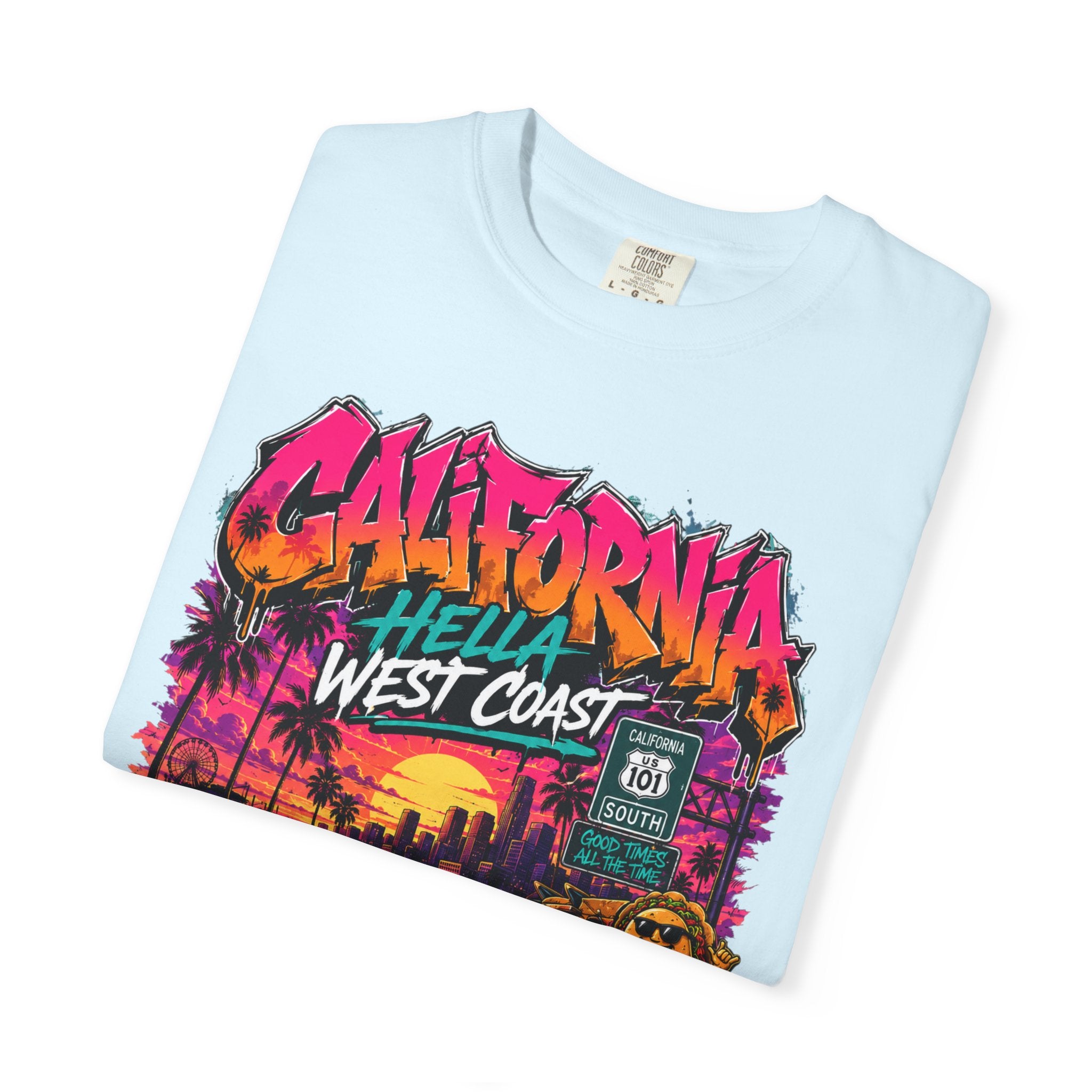 California West Coast Graphic T-Shirt — "California Hella" Vintage Sunset Car Design