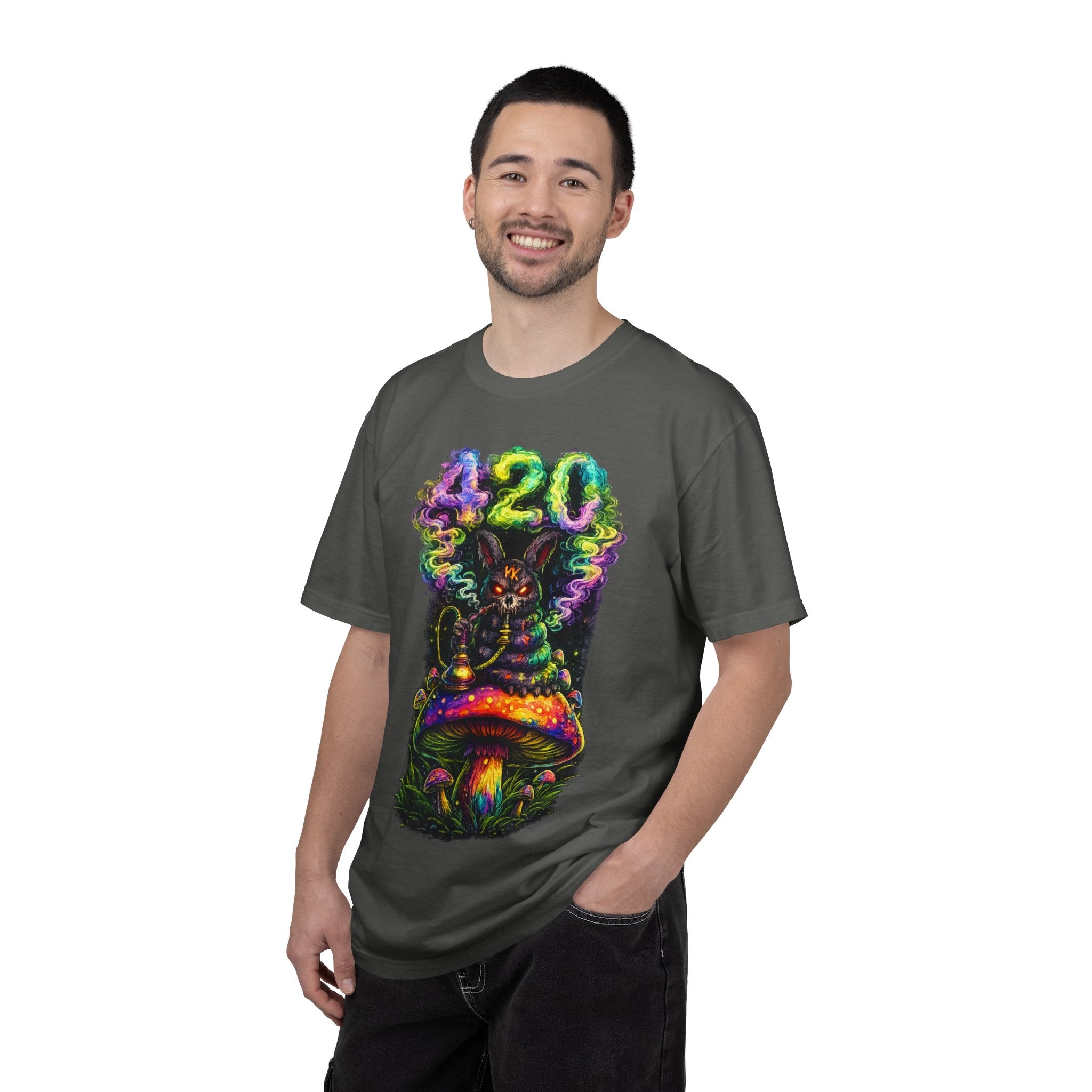 420 Psychedelic Cat T-Shirt — Colorful Mushroom Smoke Graphic