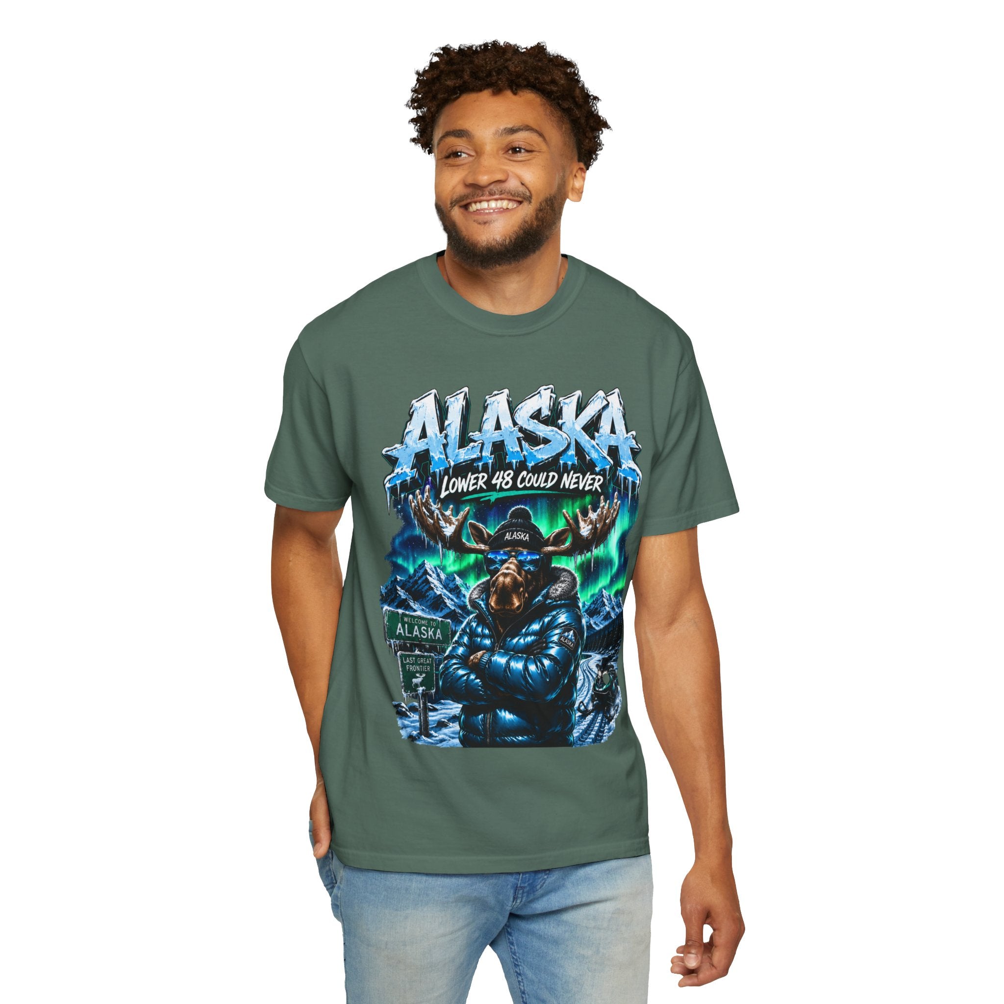 Alaska Moose Aurora Graphic T-Shirt — "Lower 48 Could Never"