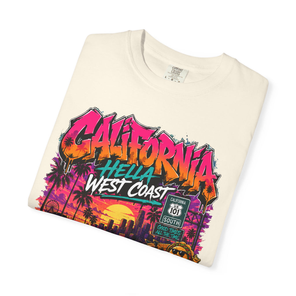 California West Coast Graphic T-Shirt — "California Hella" Vintage Sunset Car Design