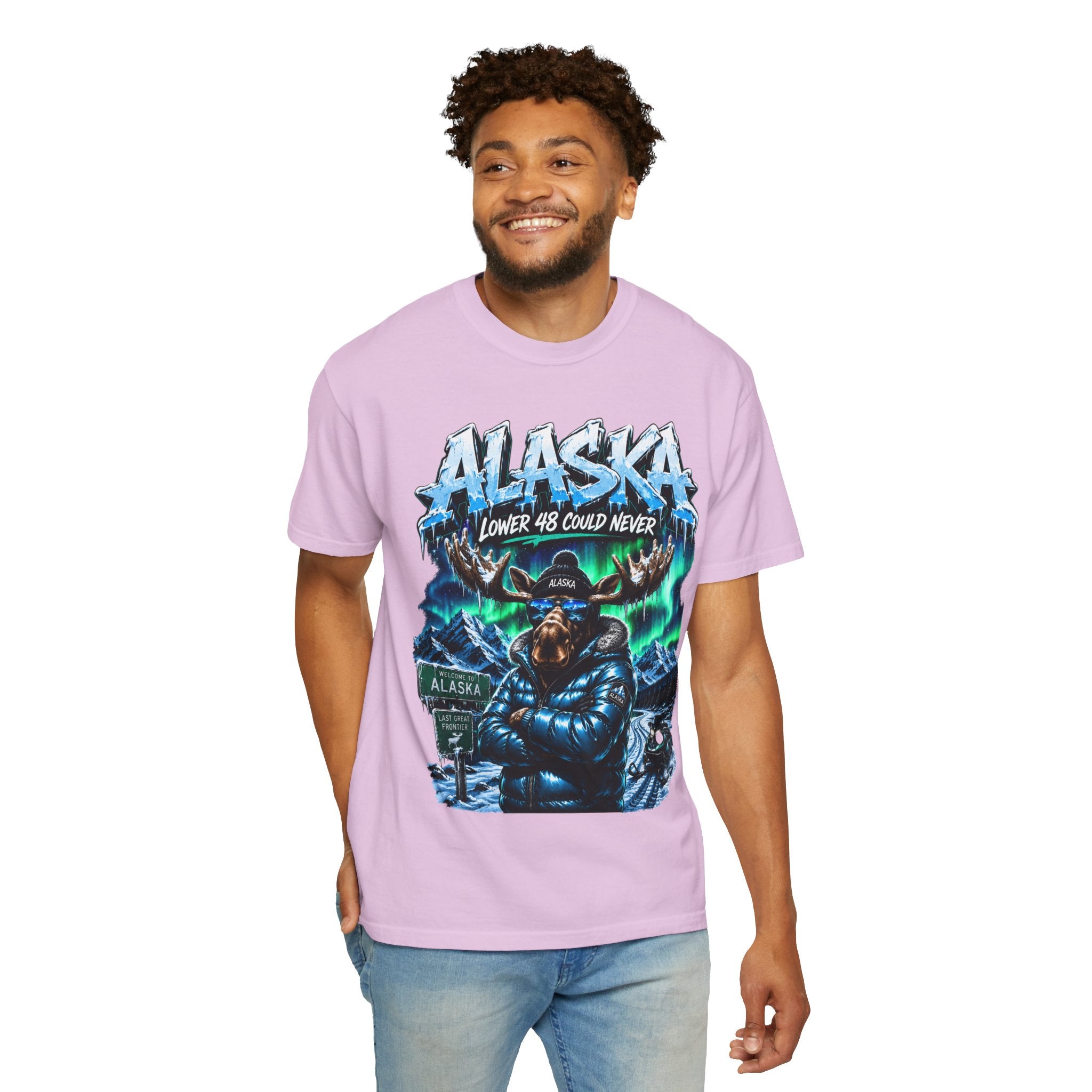 Alaska Moose Aurora Graphic T-Shirt — "Lower 48 Could Never"