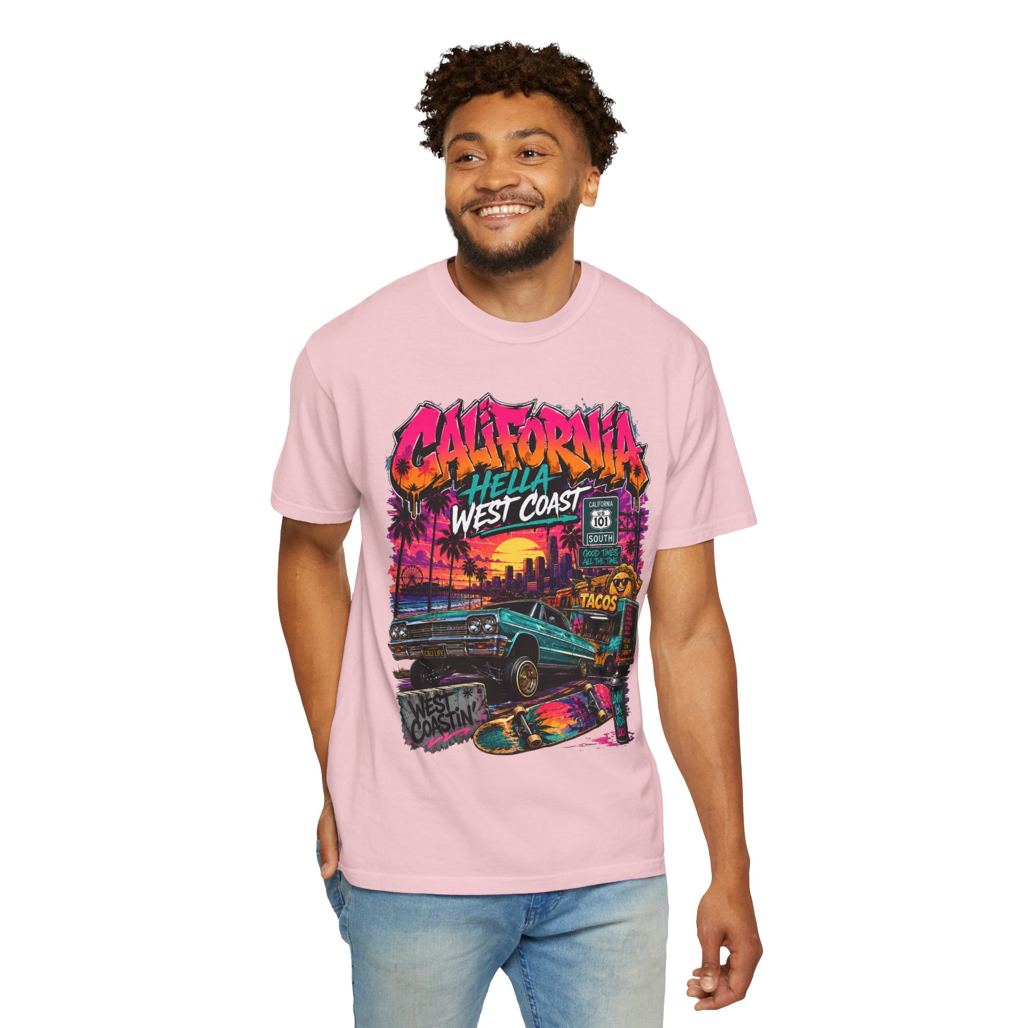 California West Coast Graphic T-Shirt — "California Hella" Vintage Sunset Car Design