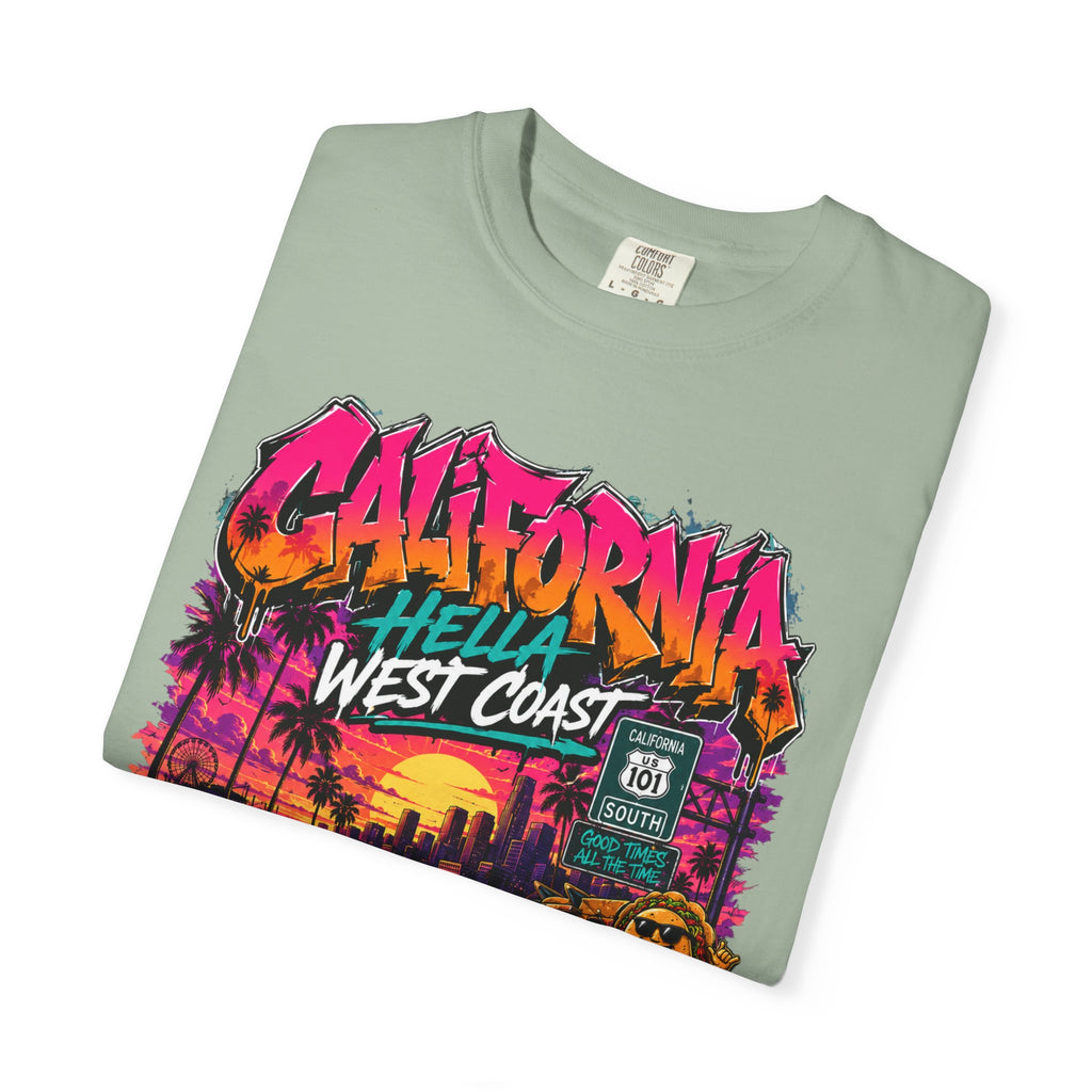 California West Coast Graphic T-Shirt — "California Hella" Vintage Sunset Car Design