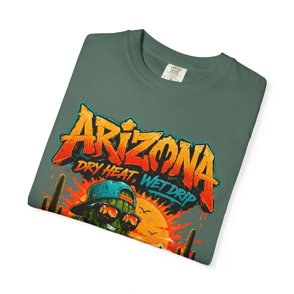 Arizona Desert Graphic T-Shirt — 'Arizona Dry Heat Wet Drop' Retro Cactus Sunset Tee