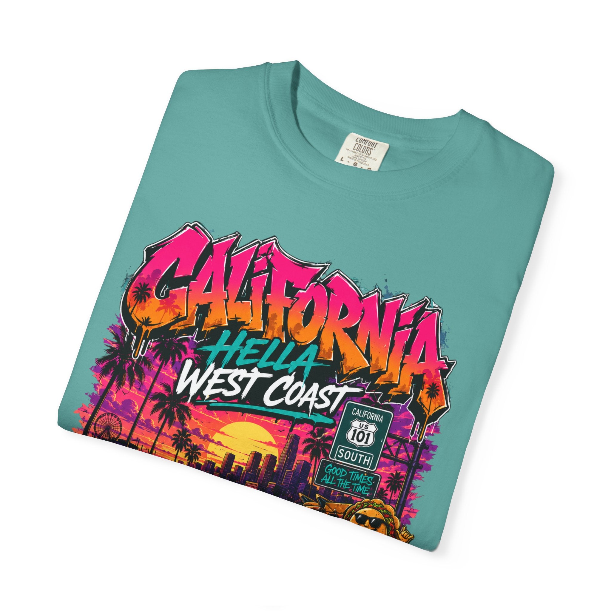 California West Coast Graphic T-Shirt — "California Hella" Vintage Sunset Car Design