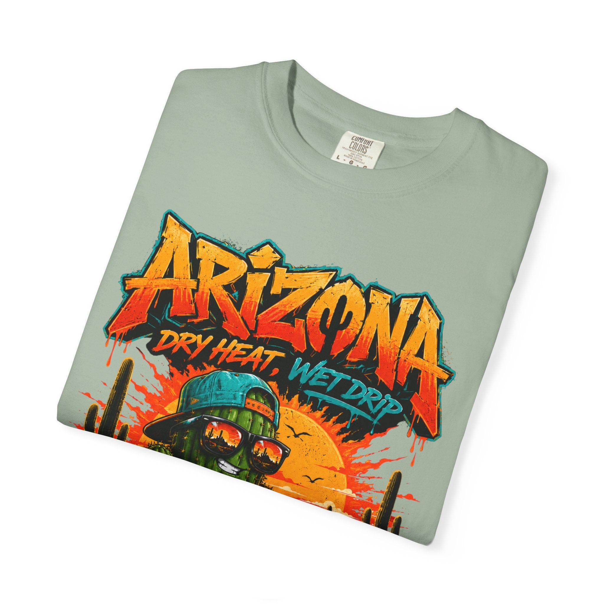 Arizona Desert Graphic T-Shirt — 'Arizona Dry Heat Wet Drop' Retro Cactus Sunset Tee