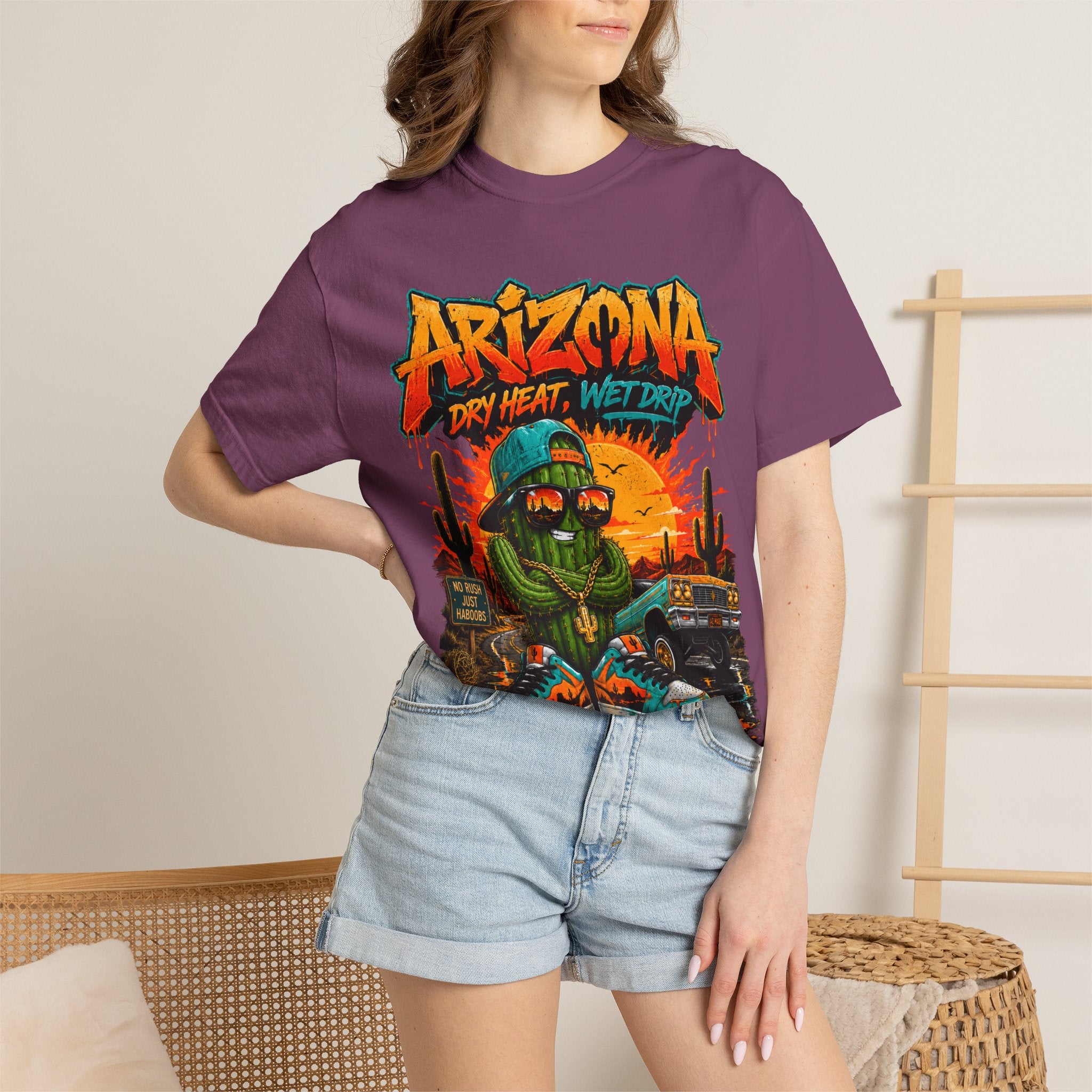 Arizona Desert Graphic T-Shirt — 'Arizona Dry Heat Wet Drop' Retro Cactus Sunset Tee