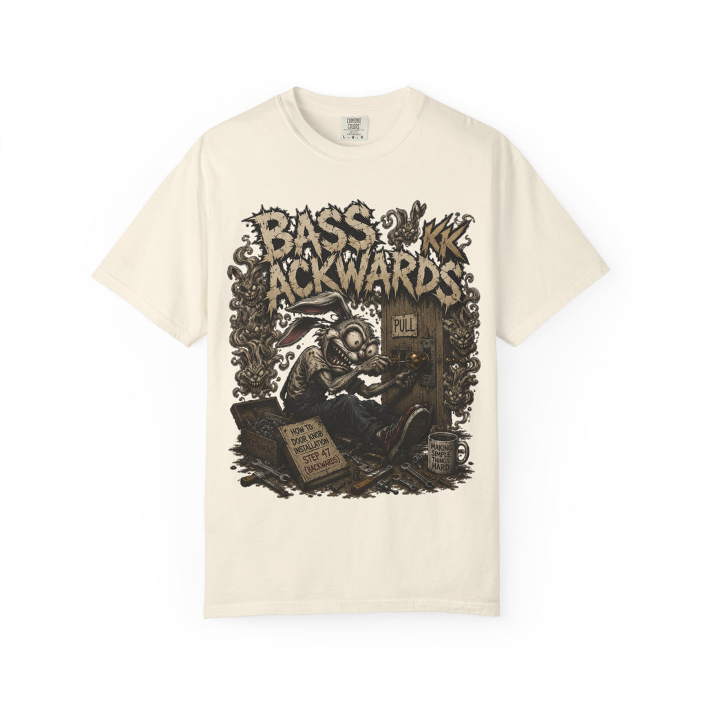 Bass Ackwards Graphic T‑Shirt — Heavy Metal Band Skull Design