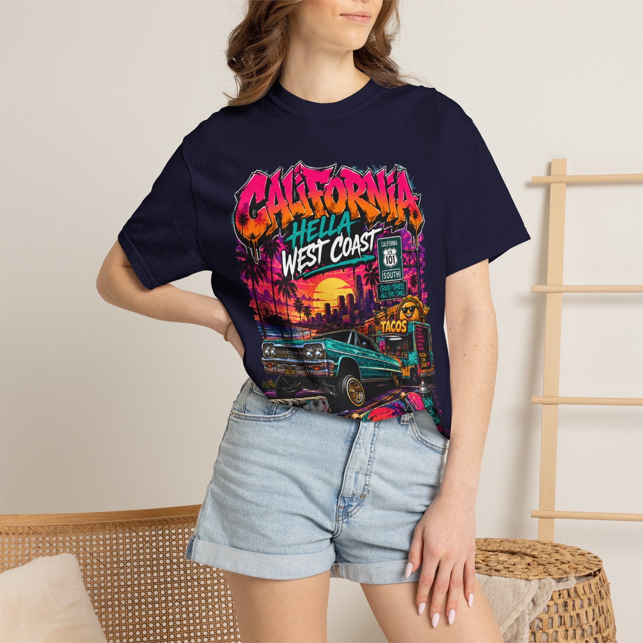 California West Coast Graphic T-Shirt — "California Hella" Vintage Sunset Car Design