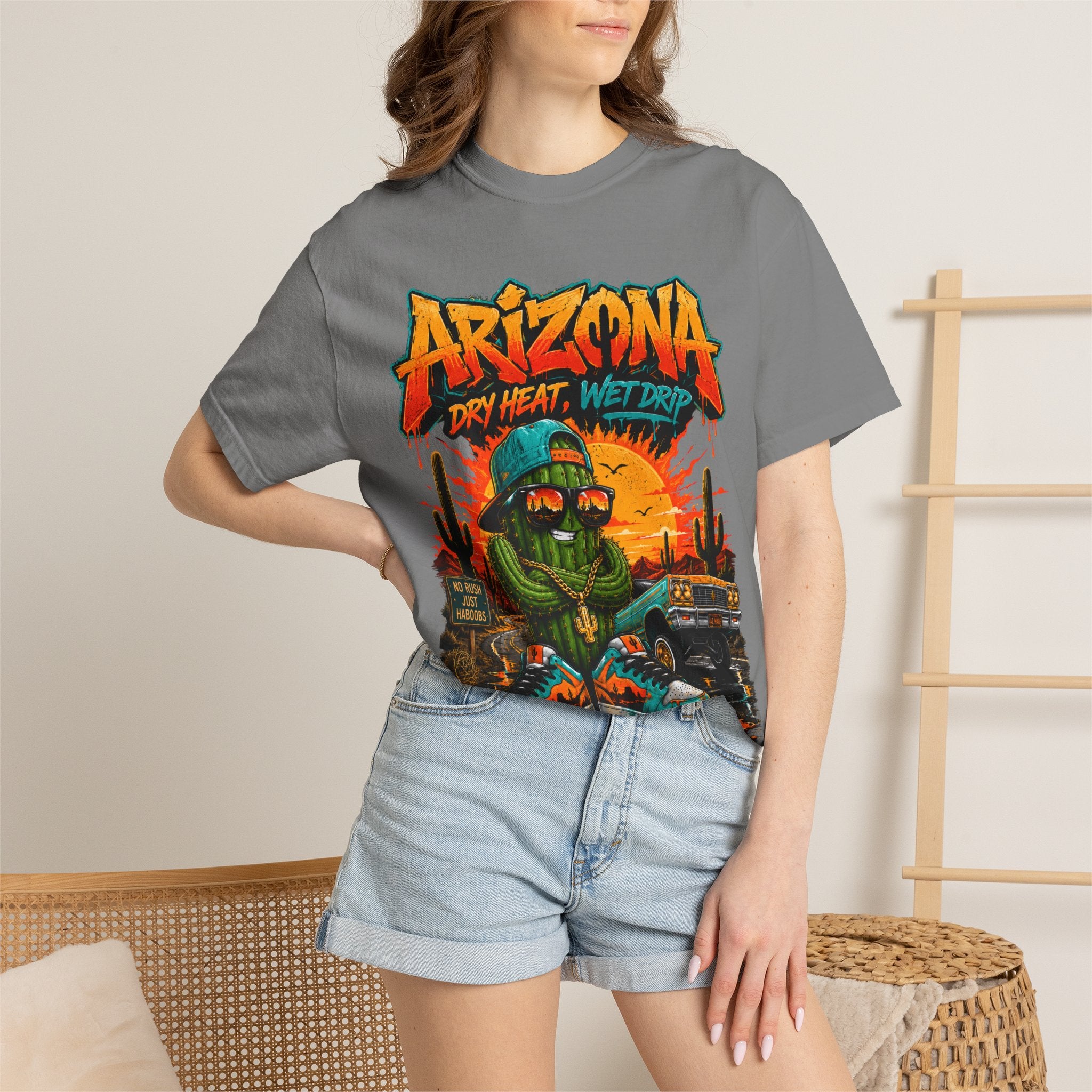 Arizona Desert Graphic T-Shirt — 'Arizona Dry Heat Wet Drop' Retro Cactus Sunset Tee