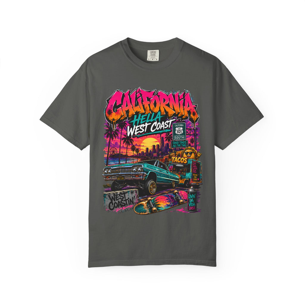 California West Coast Graphic T-Shirt — "California Hella" Vintage Sunset Car Design