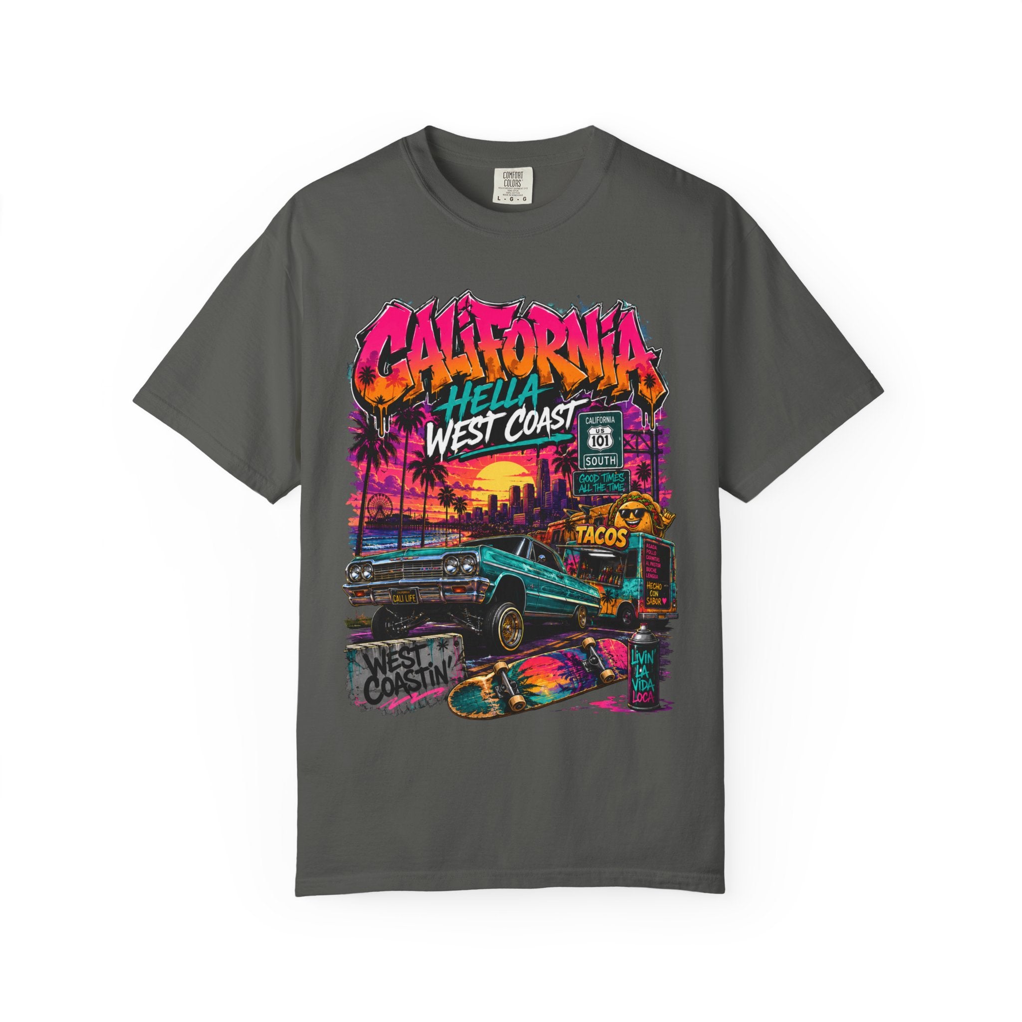 California West Coast Graphic T-Shirt — "California Hella" Vintage Sunset Car Design