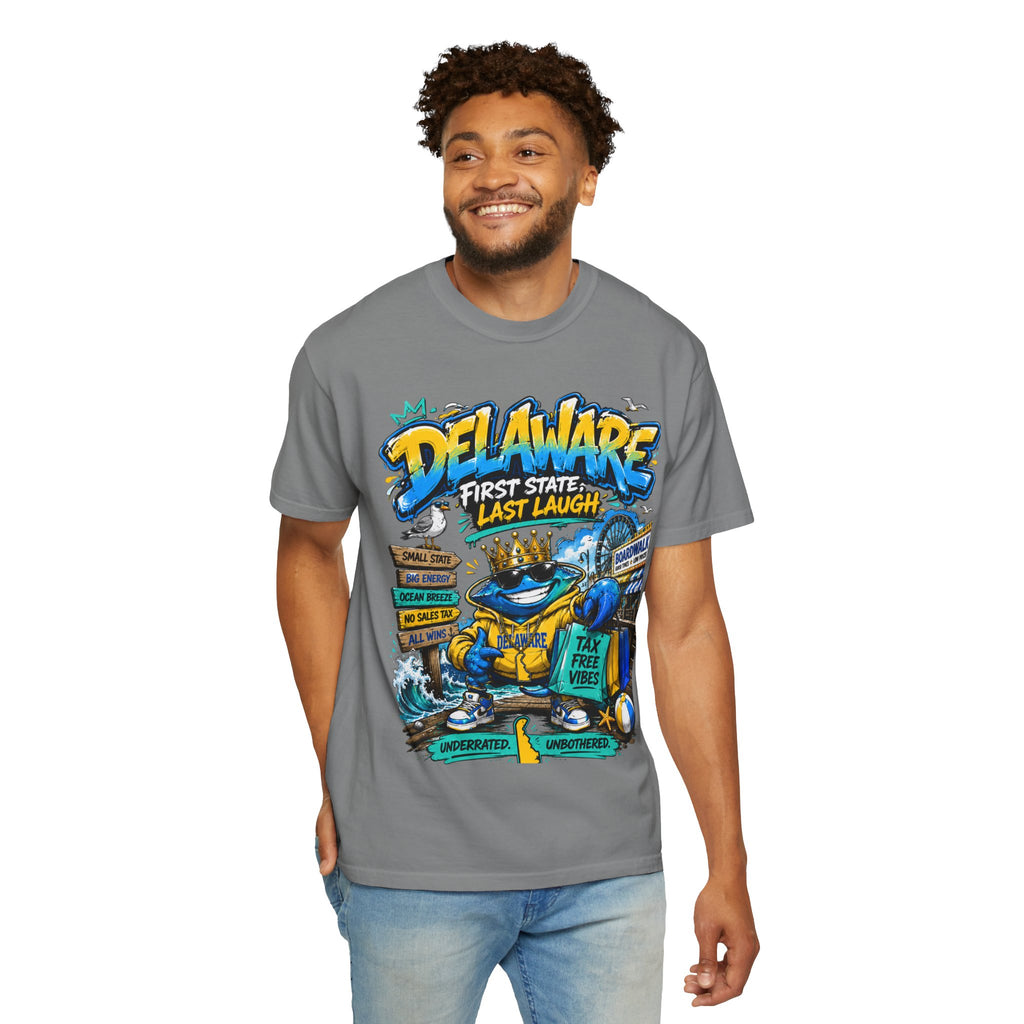 Delaware Frog Graphic T-Shirt — 'First State, Last Laugh' Coastal Souvenir Tee
