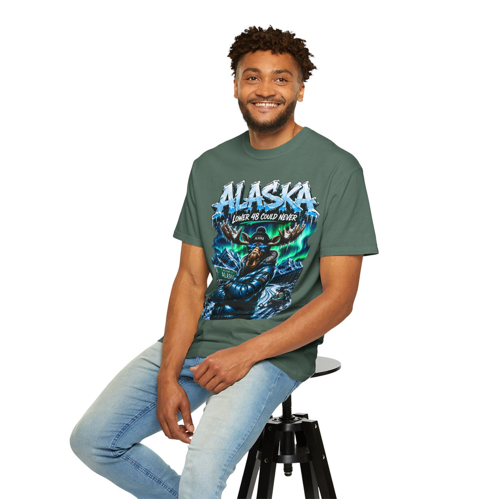 Alaska Moose Aurora Graphic T-Shirt — "Lower 48 Could Never"