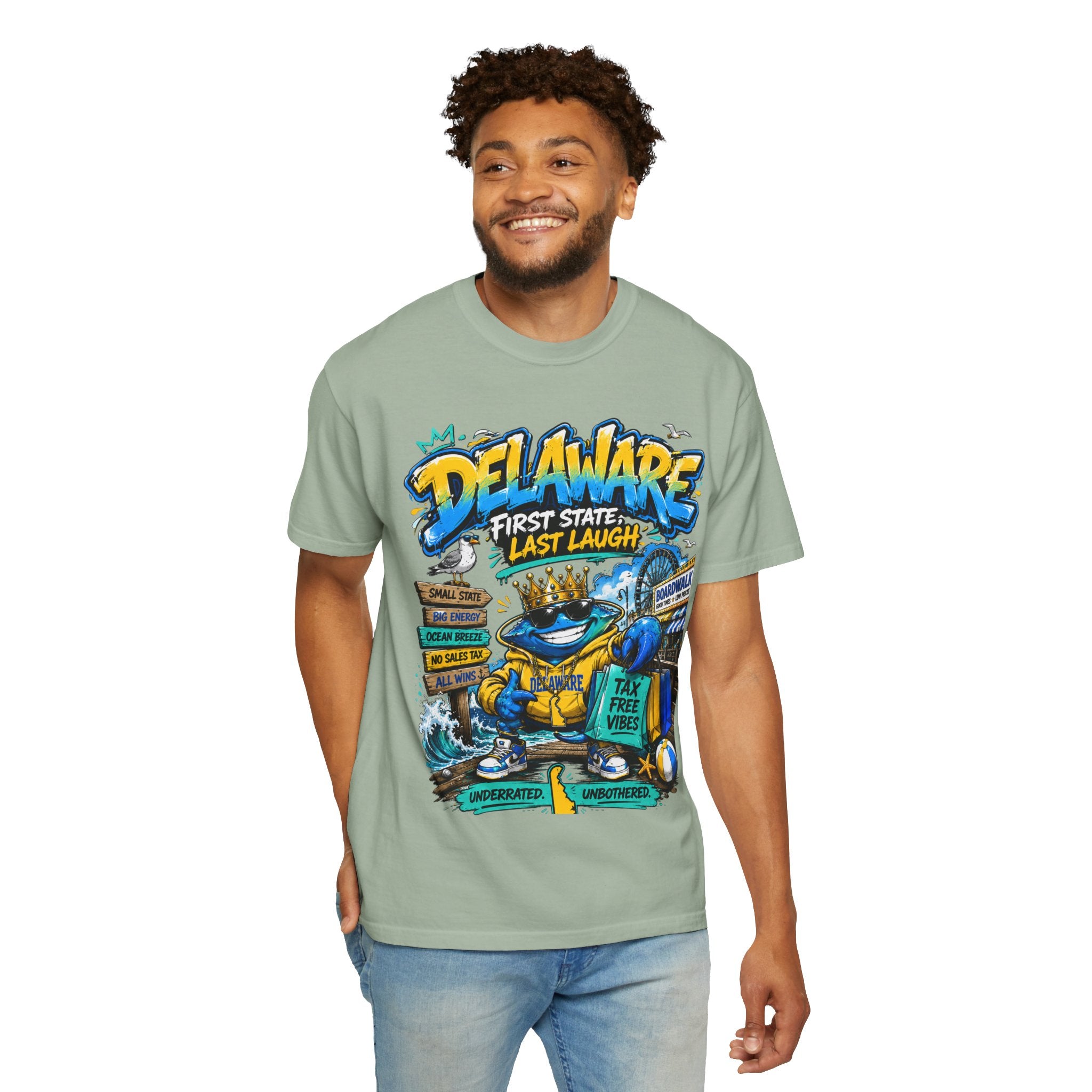 Delaware Frog Graphic T-Shirt — 'First State, Last Laugh' Coastal Souvenir Tee