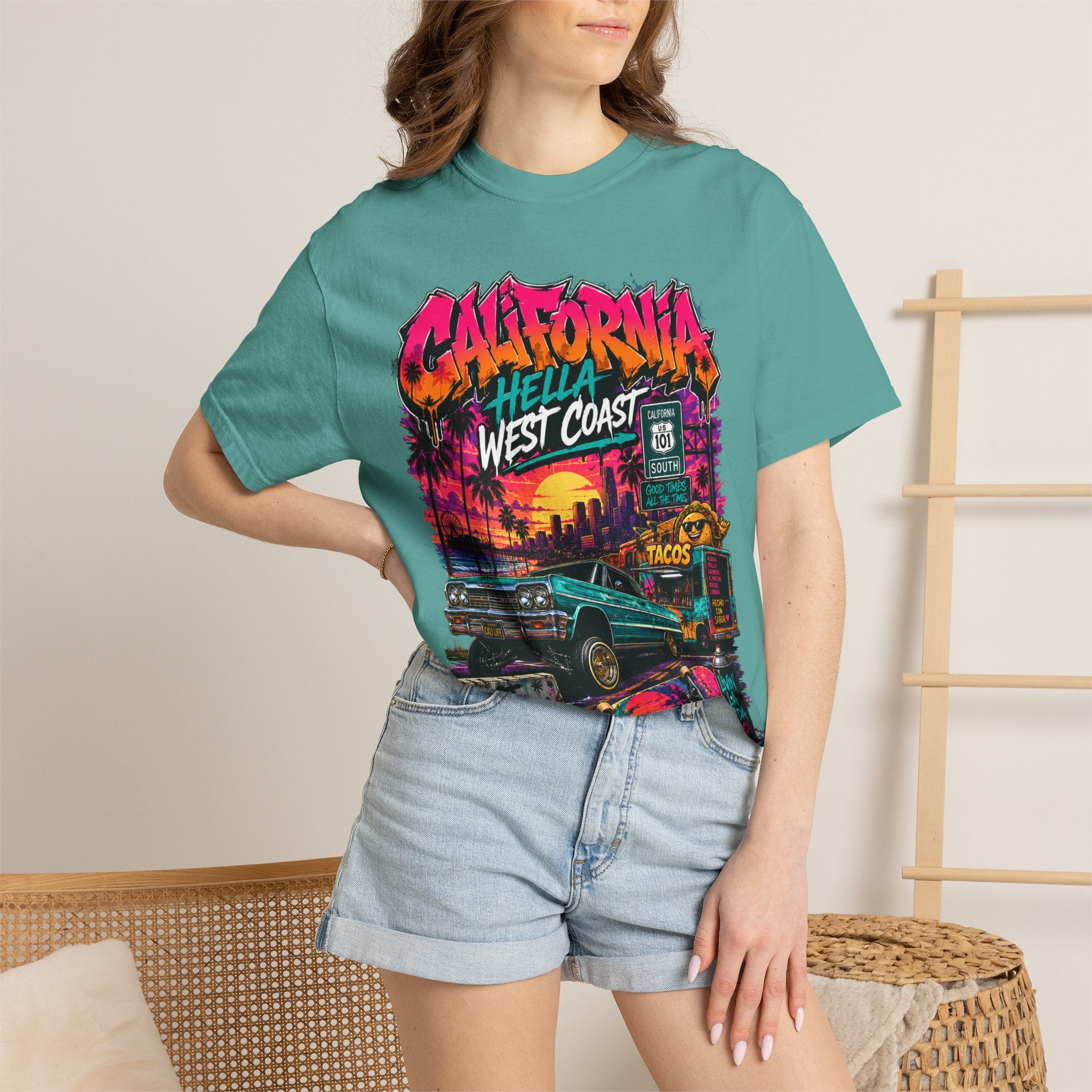 California West Coast Graphic T-Shirt — "California Hella" Vintage Sunset Car Design