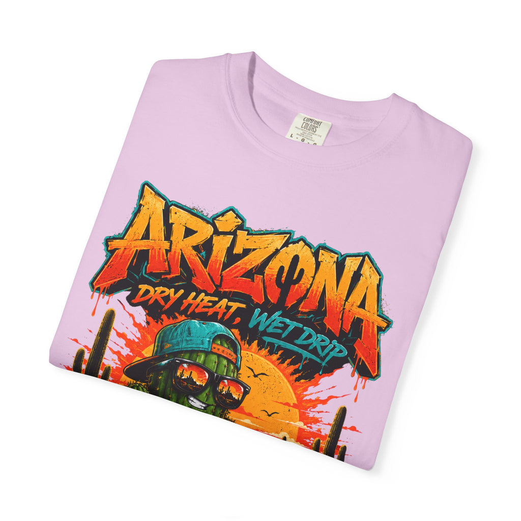 Arizona Desert Graphic T-Shirt — 'Arizona Dry Heat Wet Drop' Retro Cactus Sunset Tee