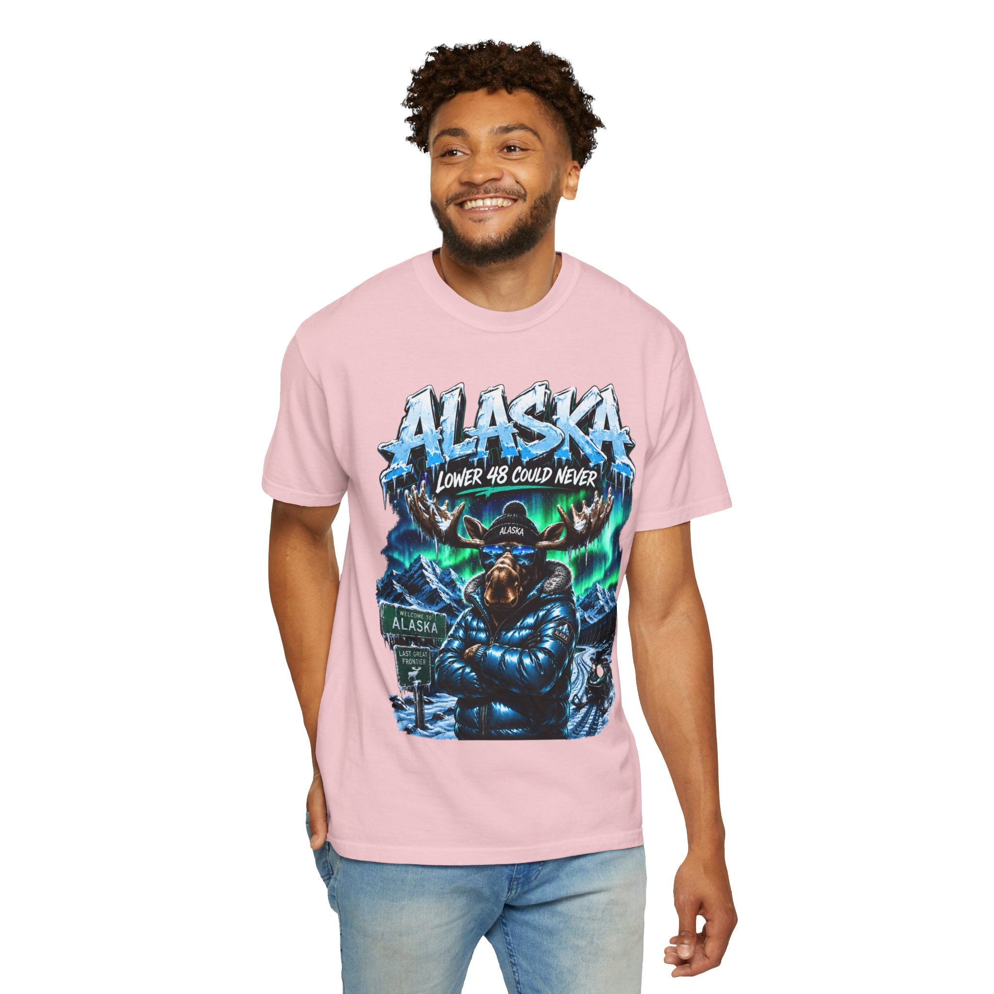 Alaska Moose Aurora Graphic T-Shirt — "Lower 48 Could Never"