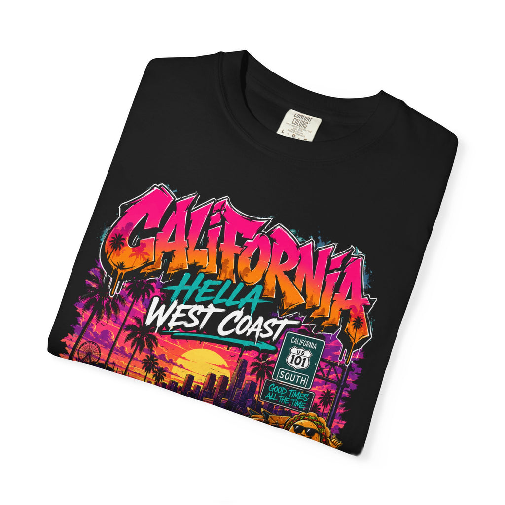 California West Coast Graphic T-Shirt — "California Hella" Vintage Sunset Car Design