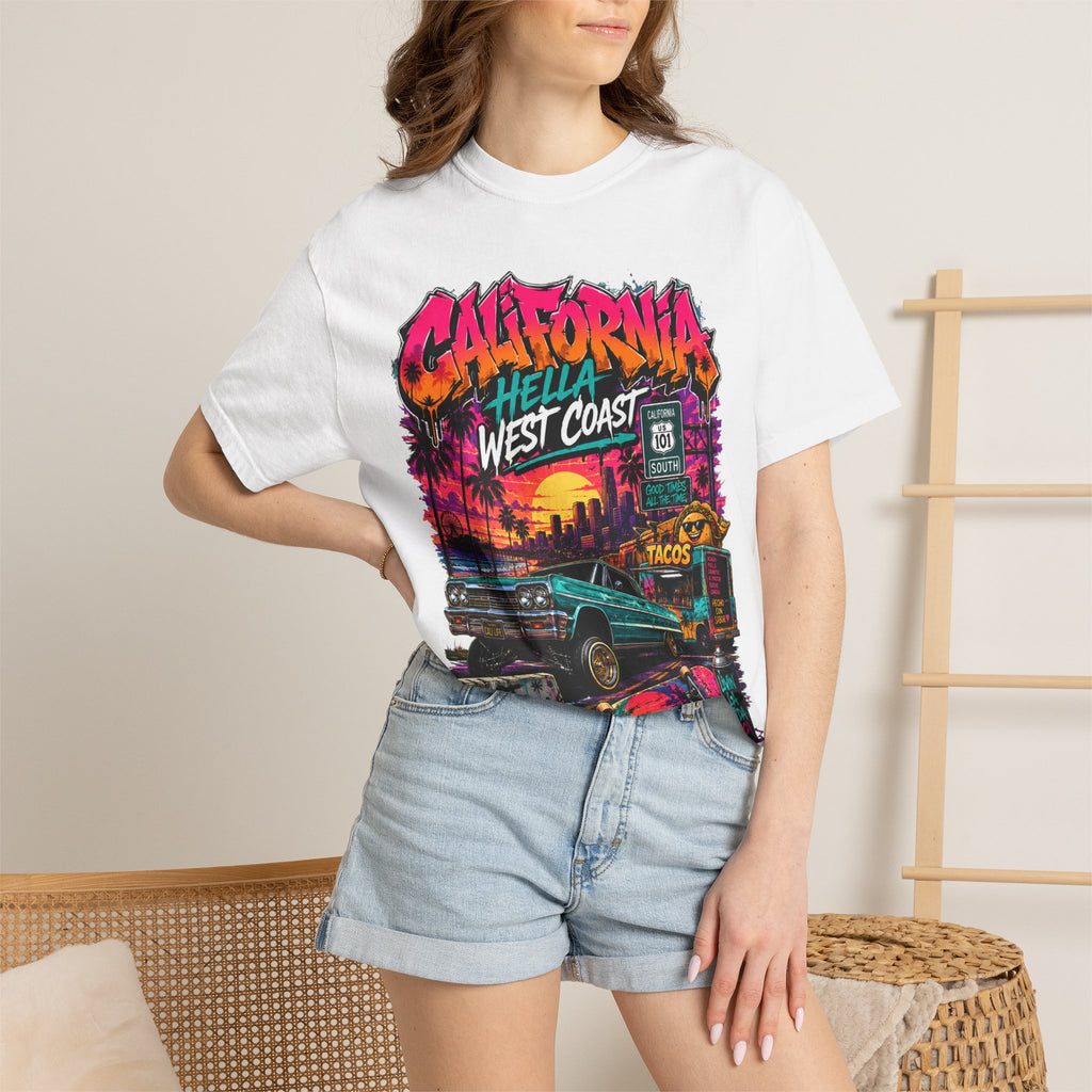 California West Coast Graphic T-Shirt — "California Hella" Vintage Sunset Car Design