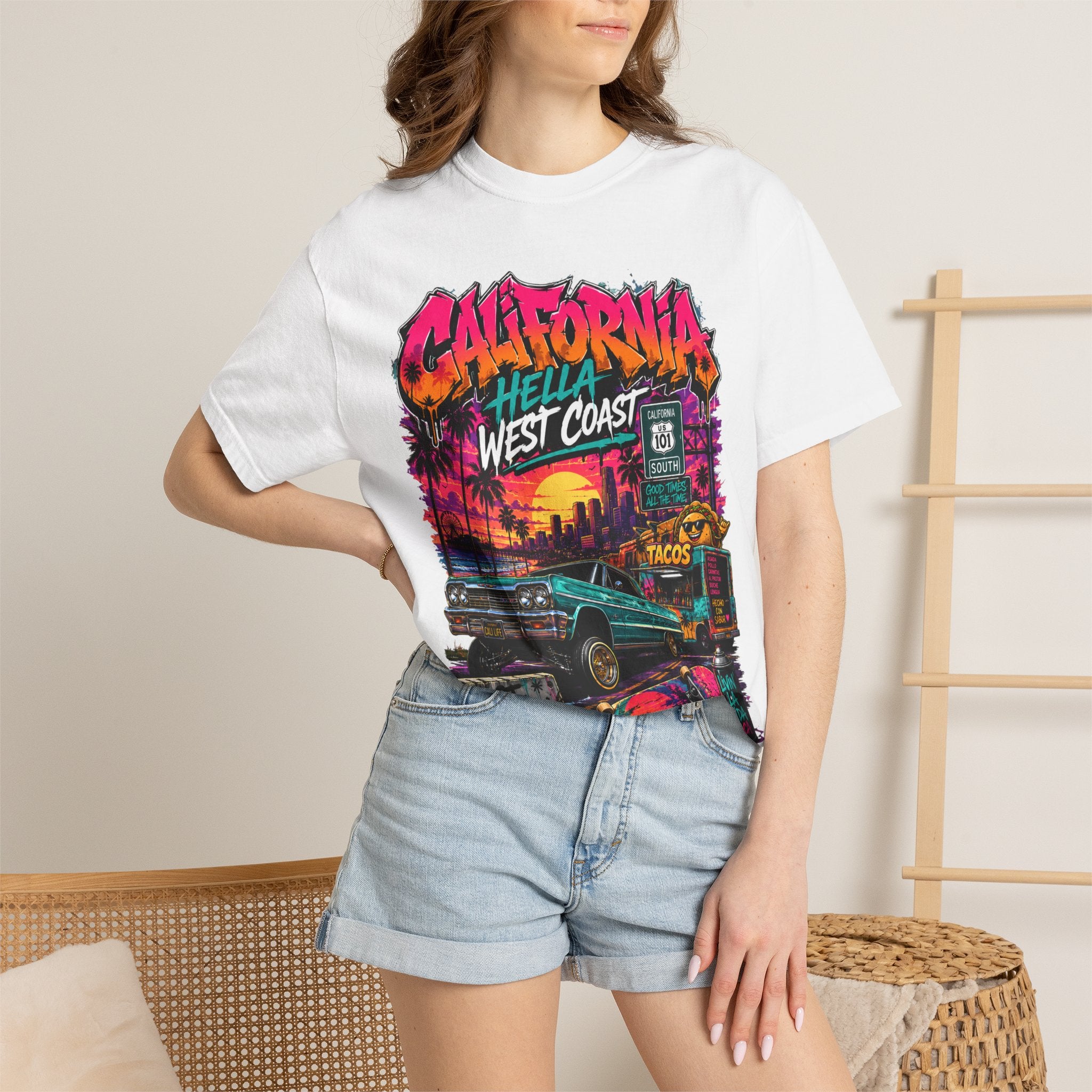 California West Coast Graphic T-Shirt — "California Hella" Vintage Sunset Car Design