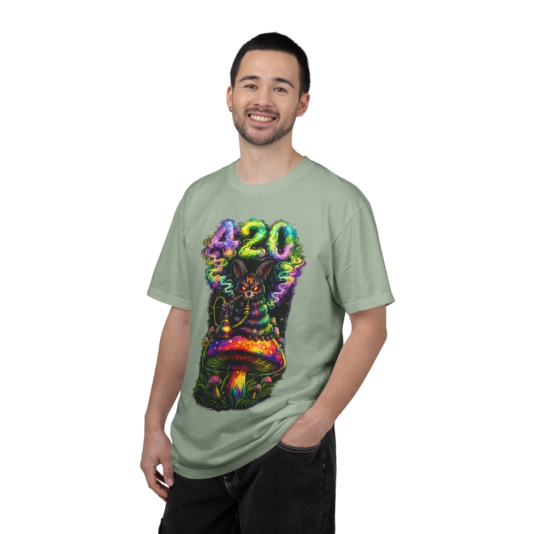 420 Psychedelic Cat T-Shirt — Colorful Mushroom Smoke Graphic
