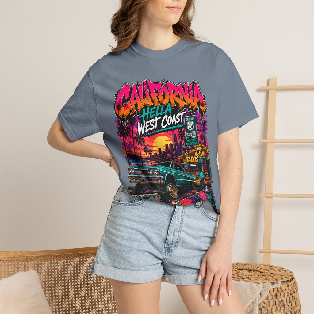 California West Coast Graphic T-Shirt — "California Hella" Vintage Sunset Car Design