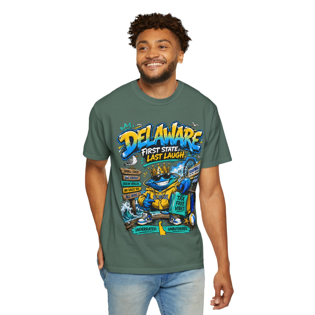 Delaware Frog Graphic T-Shirt — 'First State, Last Laugh' Coastal Souvenir Tee