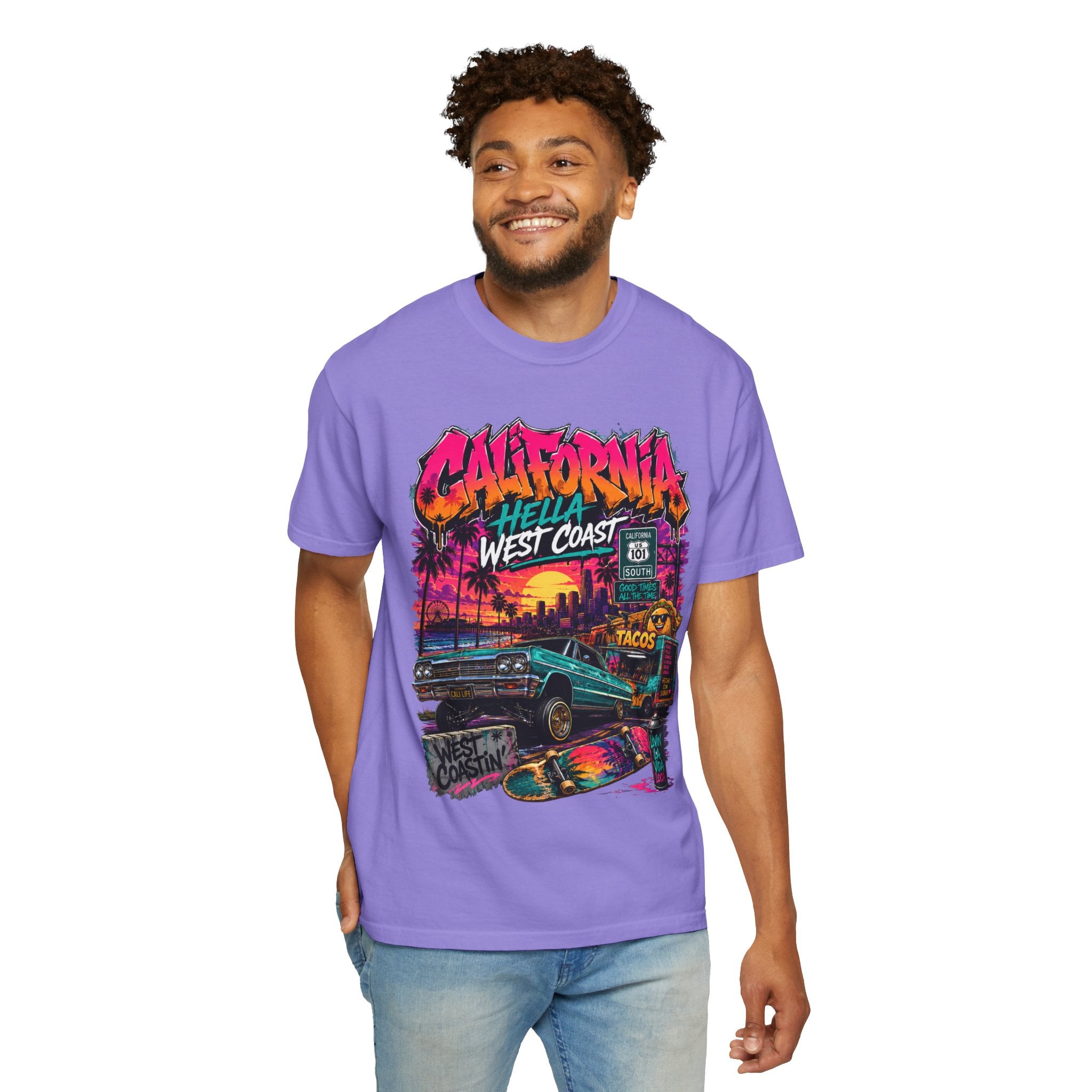 California West Coast Graphic T-Shirt — "California Hella" Vintage Sunset Car Design