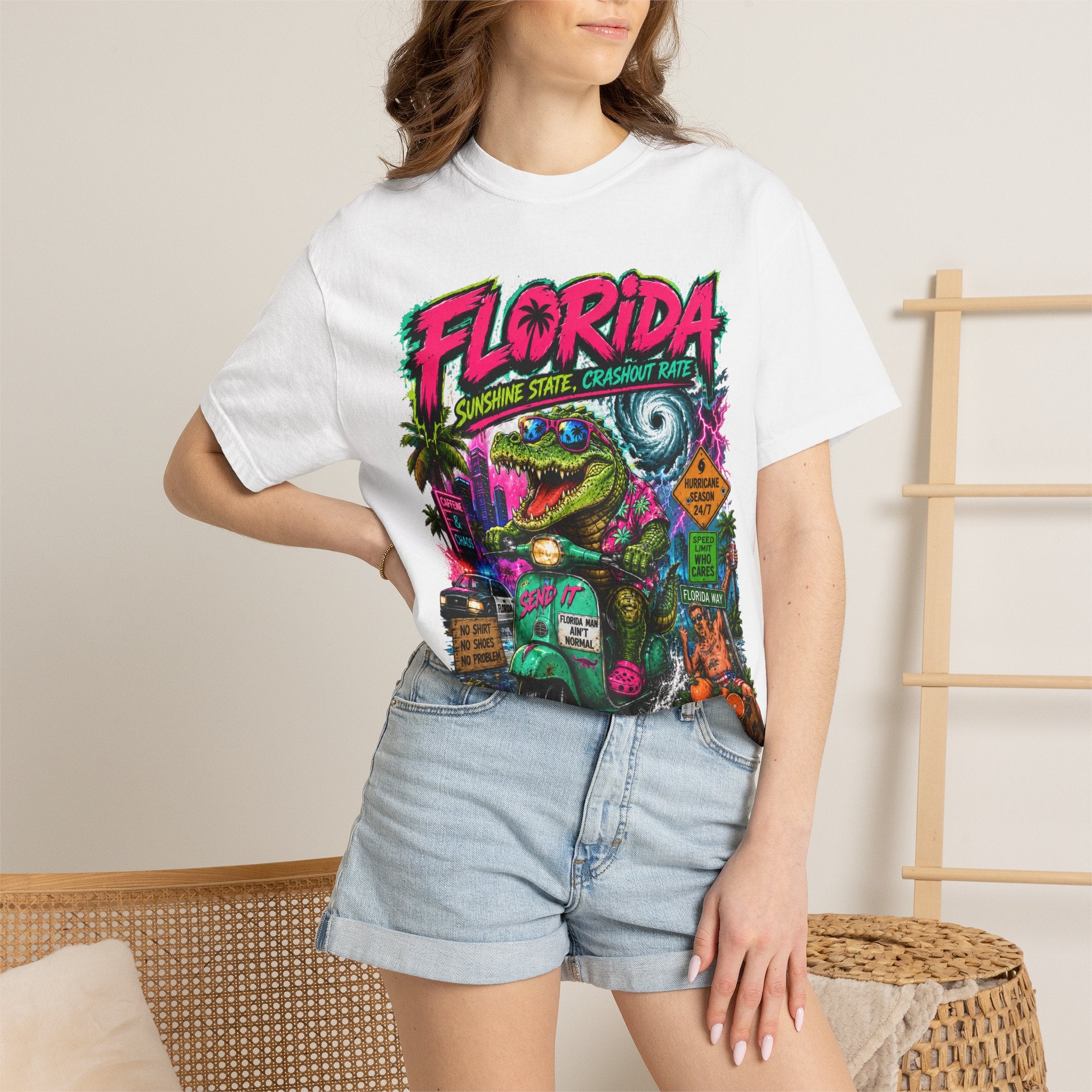 Florida Retro Vacation T-Shirt — Neon Beach Alligator Design