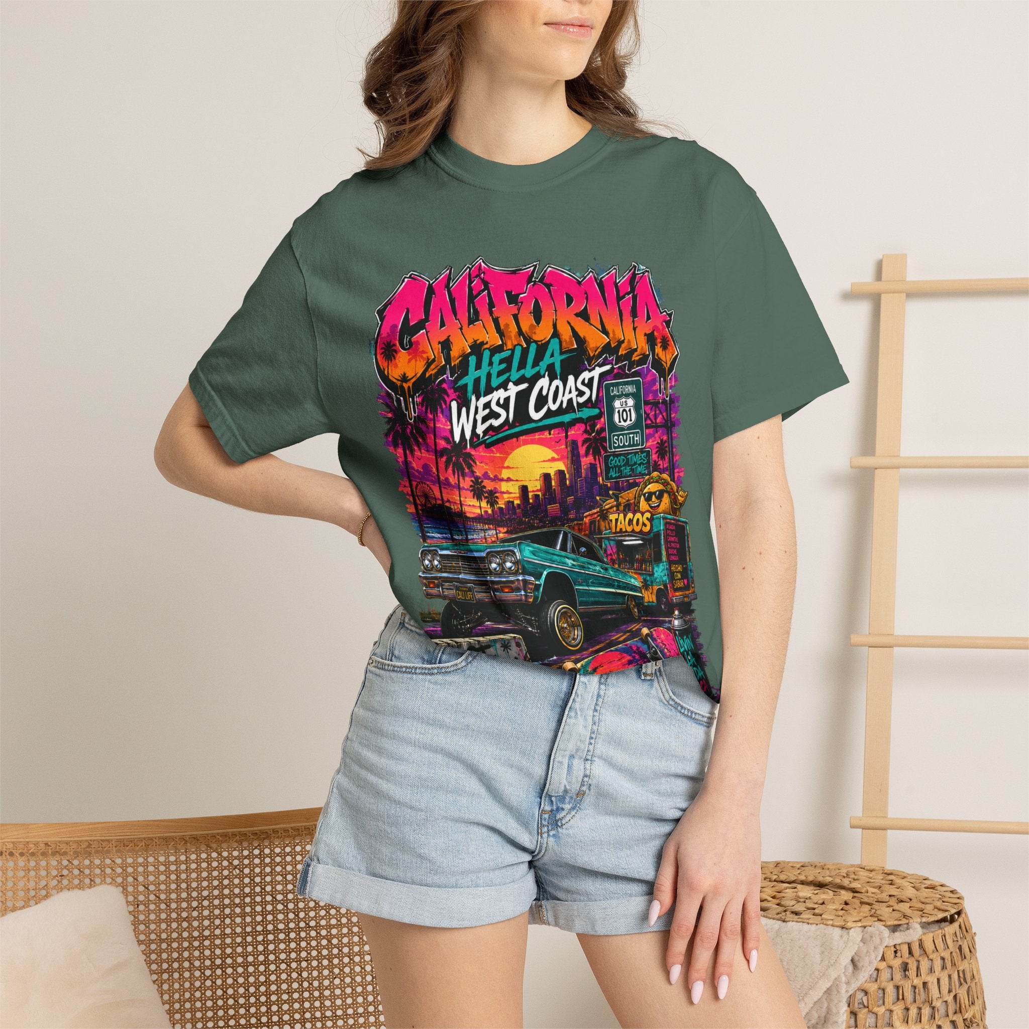 California West Coast Graphic T-Shirt — "California Hella" Vintage Sunset Car Design