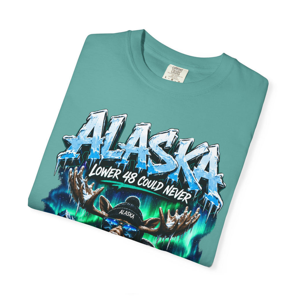 Alaska Moose Aurora Graphic T-Shirt — "Lower 48 Could Never"
