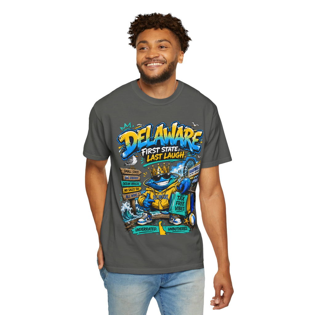 Delaware Frog Graphic T-Shirt — 'First State, Last Laugh' Coastal Souvenir Tee