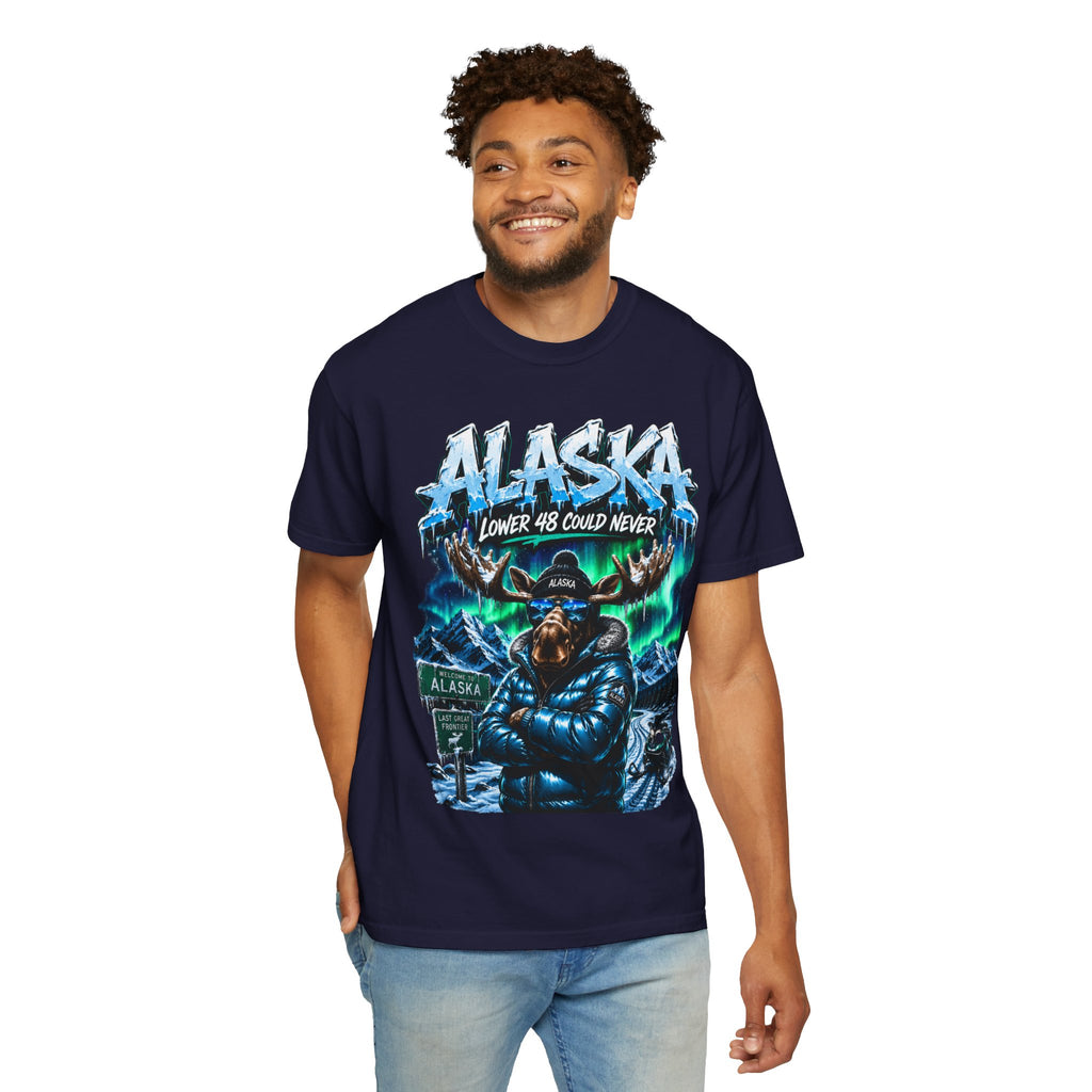 Alaska Moose Aurora Graphic T-Shirt — "Lower 48 Could Never"