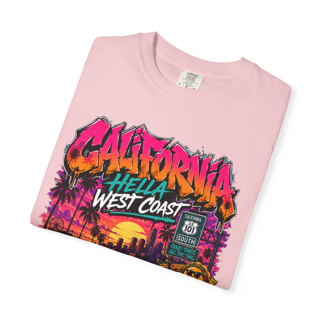 California West Coast Graphic T-Shirt — "California Hella" Vintage Sunset Car Design