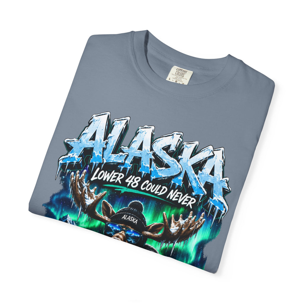 Alaska Moose Aurora Graphic T-Shirt — "Lower 48 Could Never"
