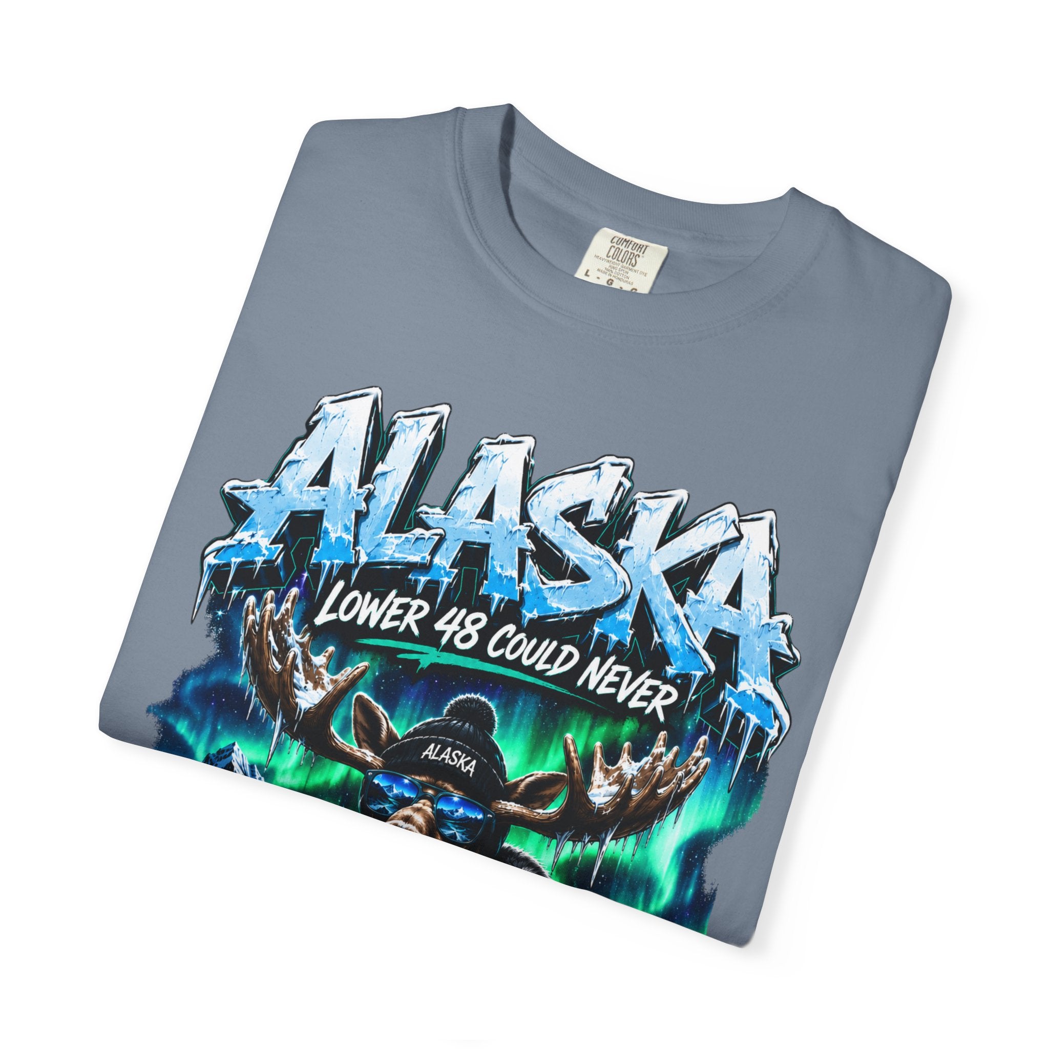 Alaska Moose Aurora Graphic T-Shirt — "Lower 48 Could Never"