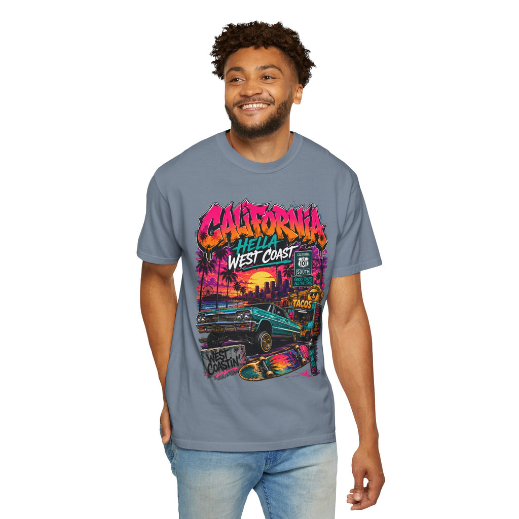 California West Coast Graphic T-Shirt — "California Hella" Vintage Sunset Car Design