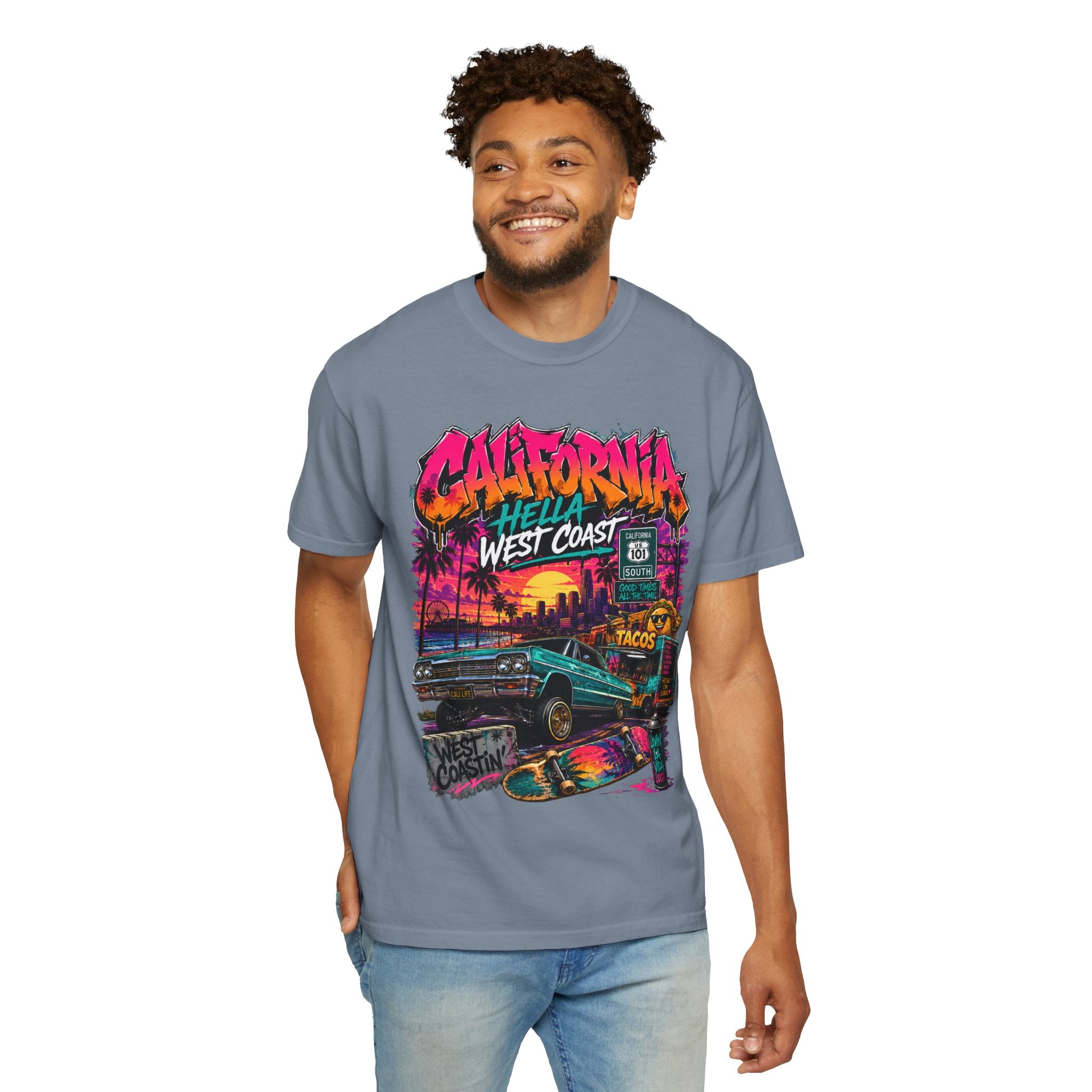 California West Coast Graphic T-Shirt — "California Hella" Vintage Sunset Car Design