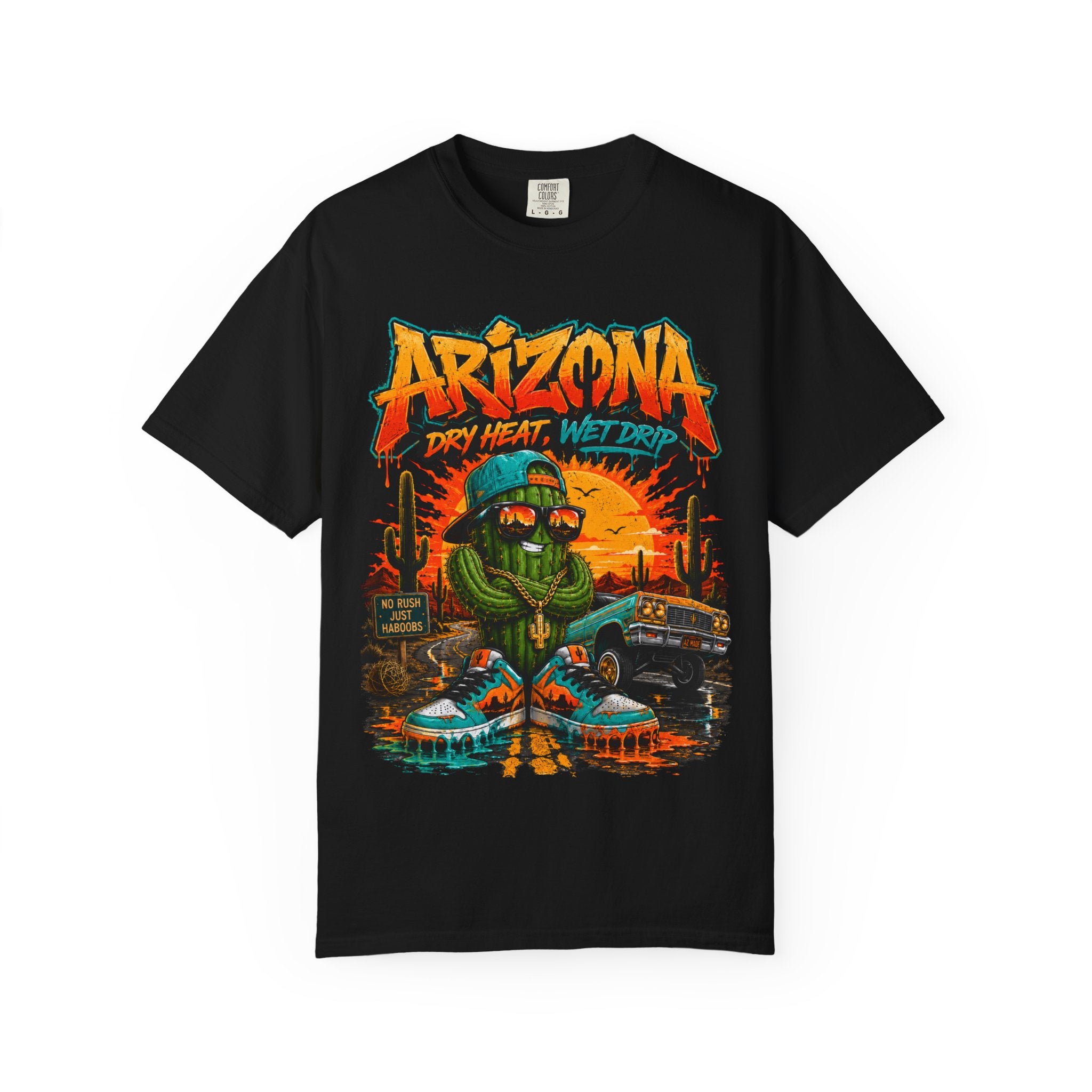 Arizona Desert Graphic T-Shirt — 'Arizona Dry Heat Wet Drop' Retro Cactus Sunset Tee