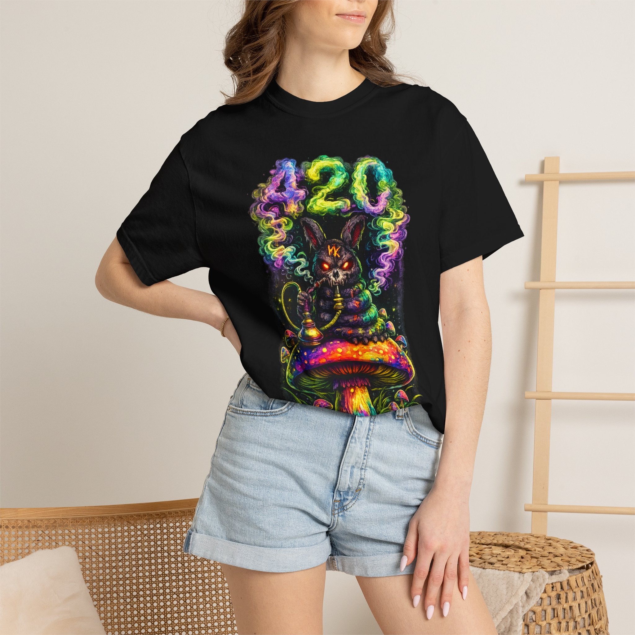 420 Psychedelic Cat T-Shirt — Colorful Mushroom Smoke Graphic