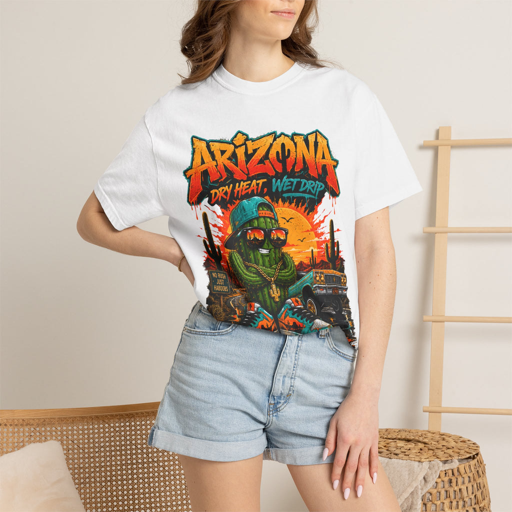 Arizona Desert Graphic T-Shirt — 'Arizona Dry Heat Wet Drop' Retro Cactus Sunset Tee