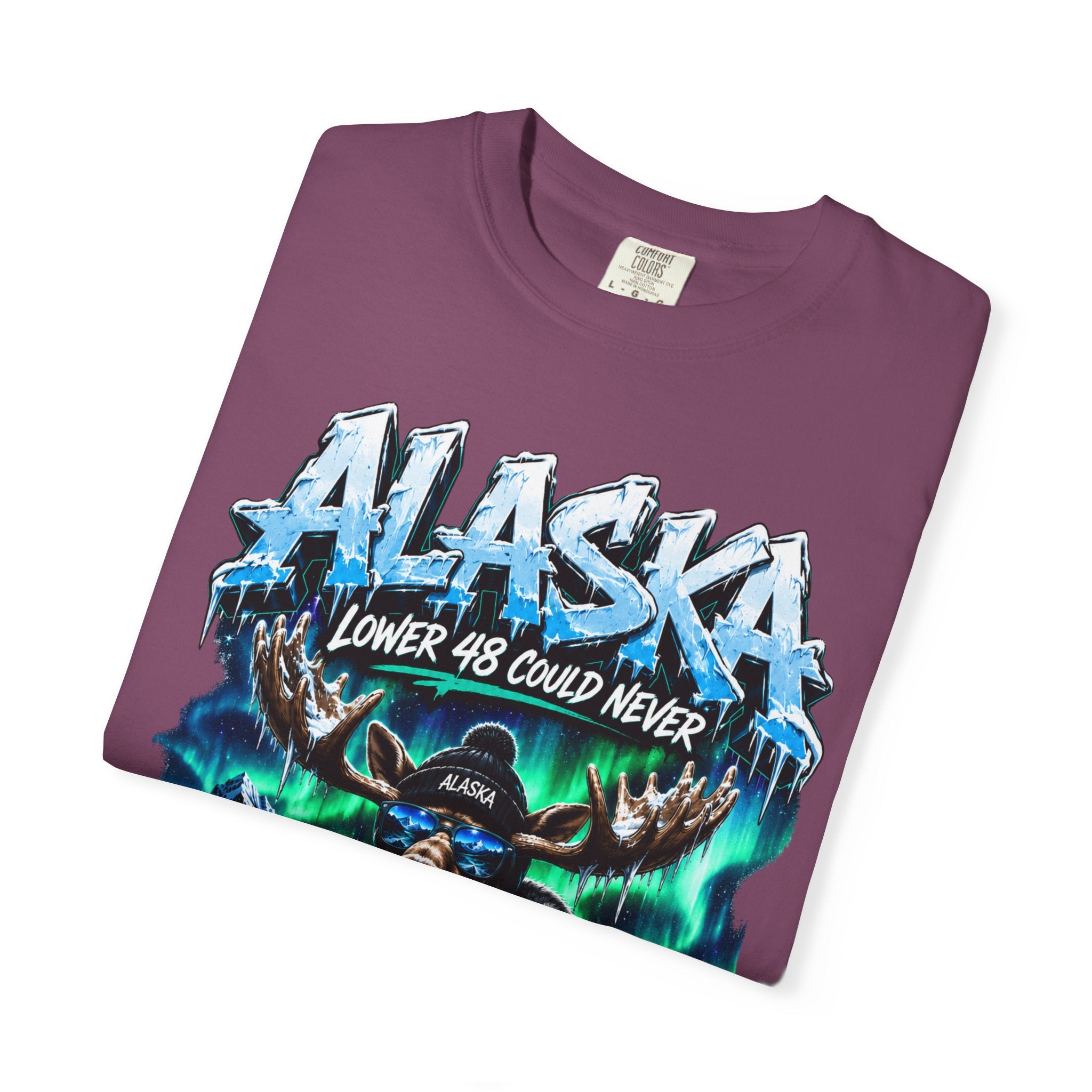 Alaska Moose Aurora Graphic T-Shirt — "Lower 48 Could Never"