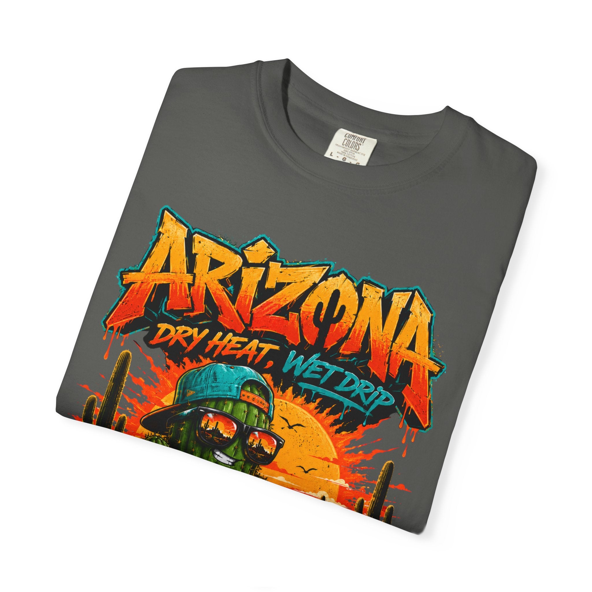 Arizona Desert Graphic T-Shirt — 'Arizona Dry Heat Wet Drop' Retro Cactus Sunset Tee